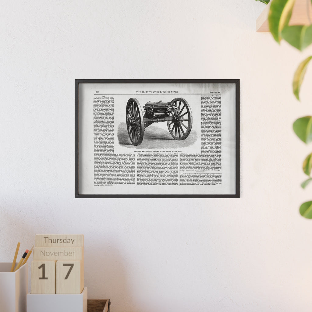 GATLING'S Battery-Gun, adopted by the United States Army. Vintage Cannon Patent Poster with Wooden Frame – Antique Engineering Print