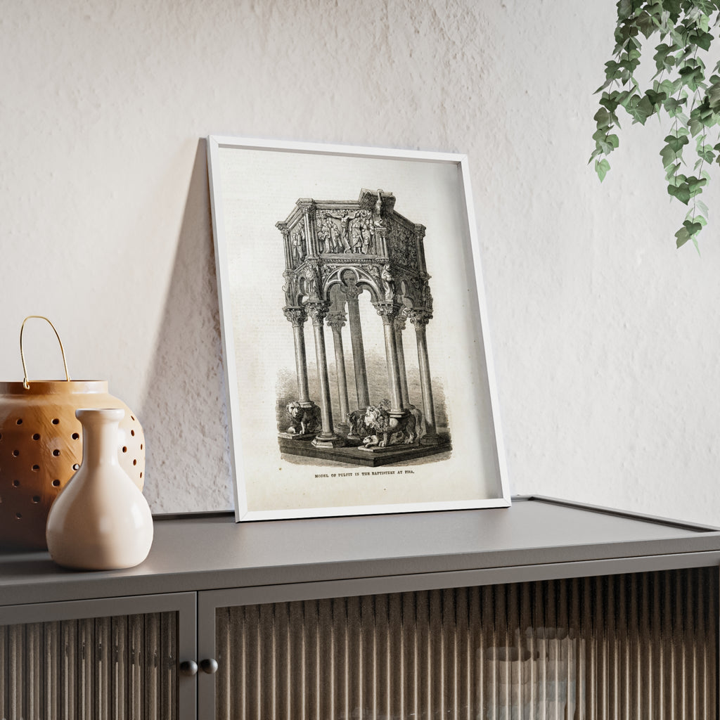 Model of Pulpit in the Baptistery at PISA. Antique Architectural Print Poster — Gothic Baptistery Illustration in Wooden Frame