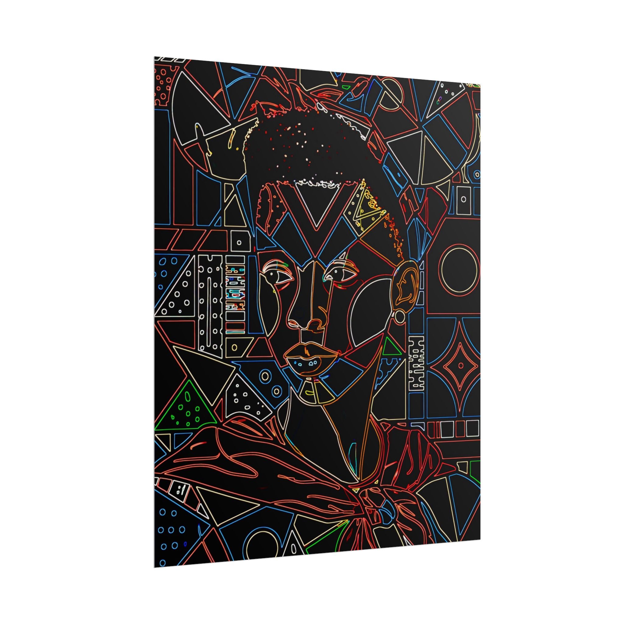Neon Line Art Portrait Poster — Afro Futurism Geometric Wall Art (Rolled)
