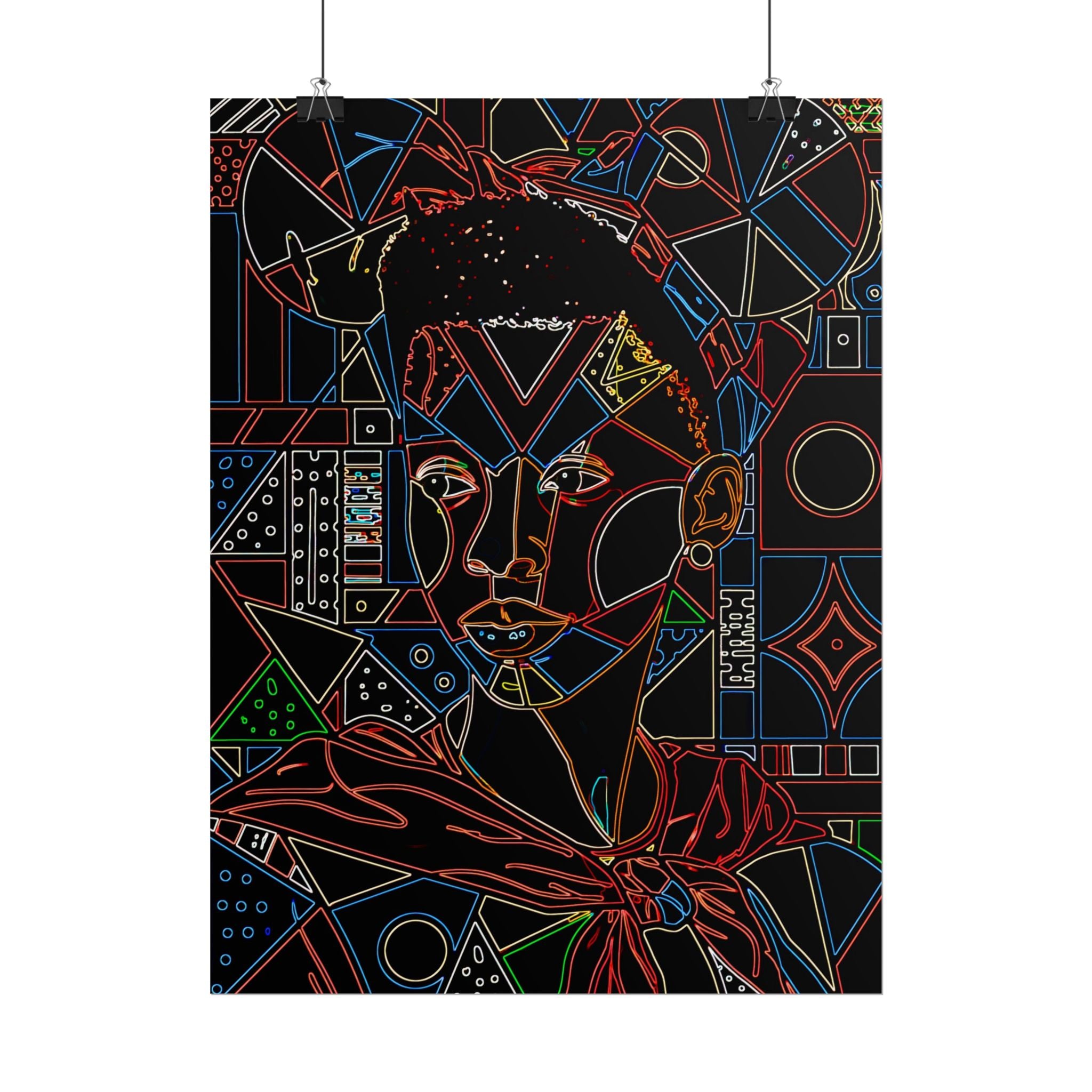 Neon Line Art Portrait Poster — Afro Futurism Geometric Wall Art (Rolled)