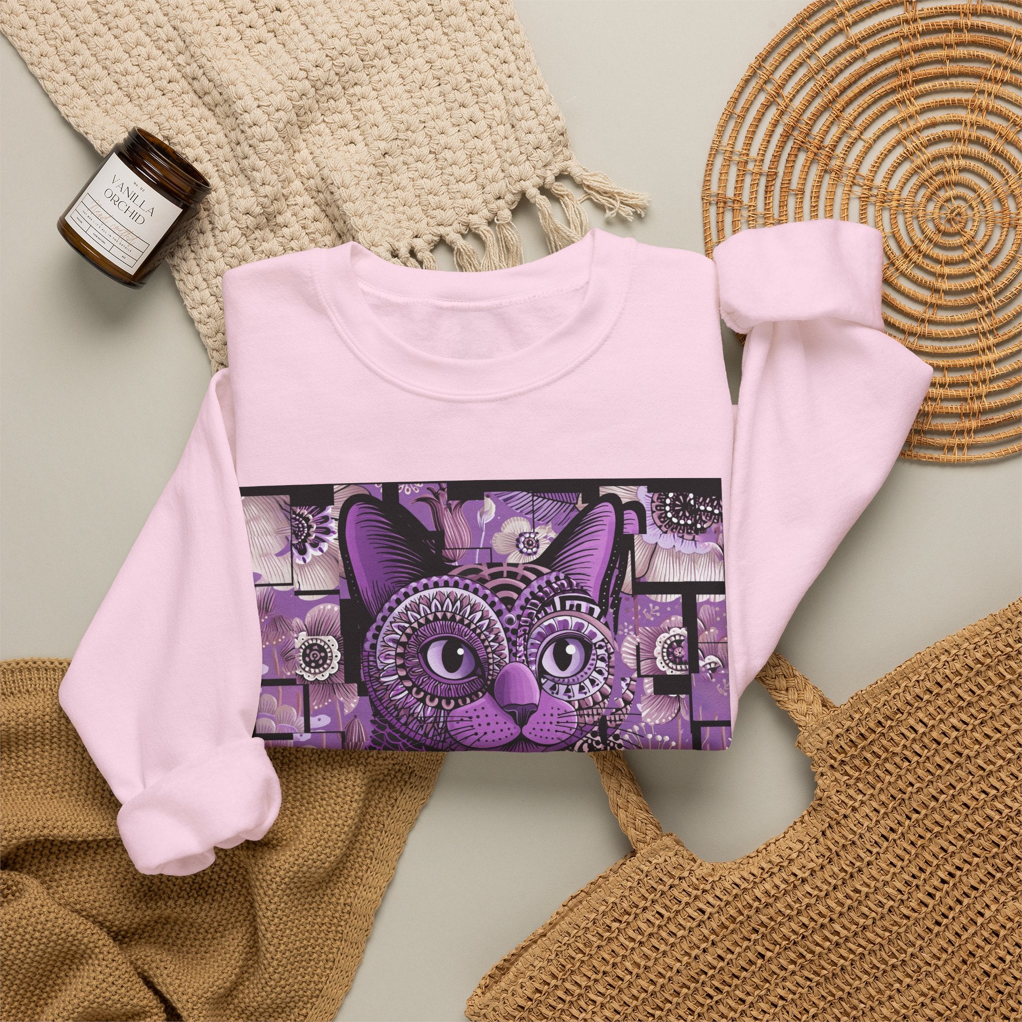 Purple Floral Owl Crewneck Sweatshirt — Whimsical Boho Animal Graphic