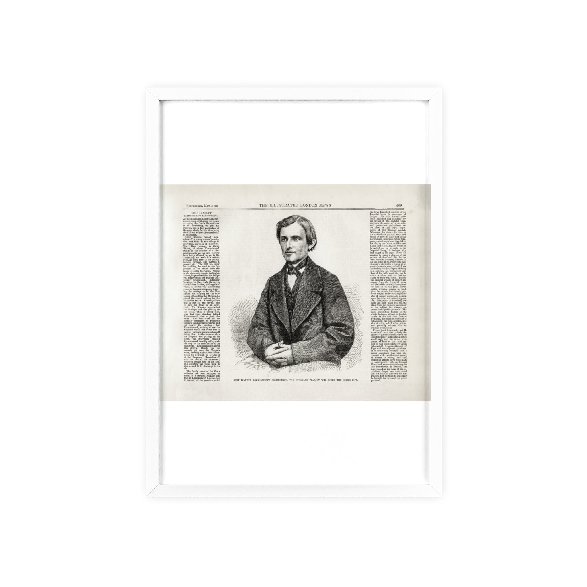 OSSIP IVANOFF, the peasant who saved the CZAR's Life. Vintage Illustrated Portrait Poster with Wooden Frame — Antique Newspaper Art Print