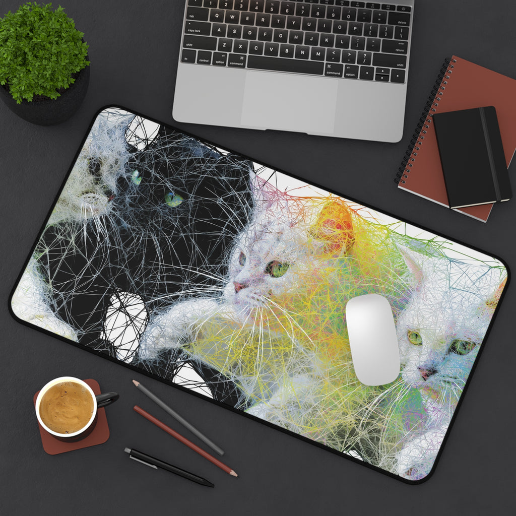 Cat Trio Abstract Art Desk Mat — Colorful Whisker Wave Mouse Pad