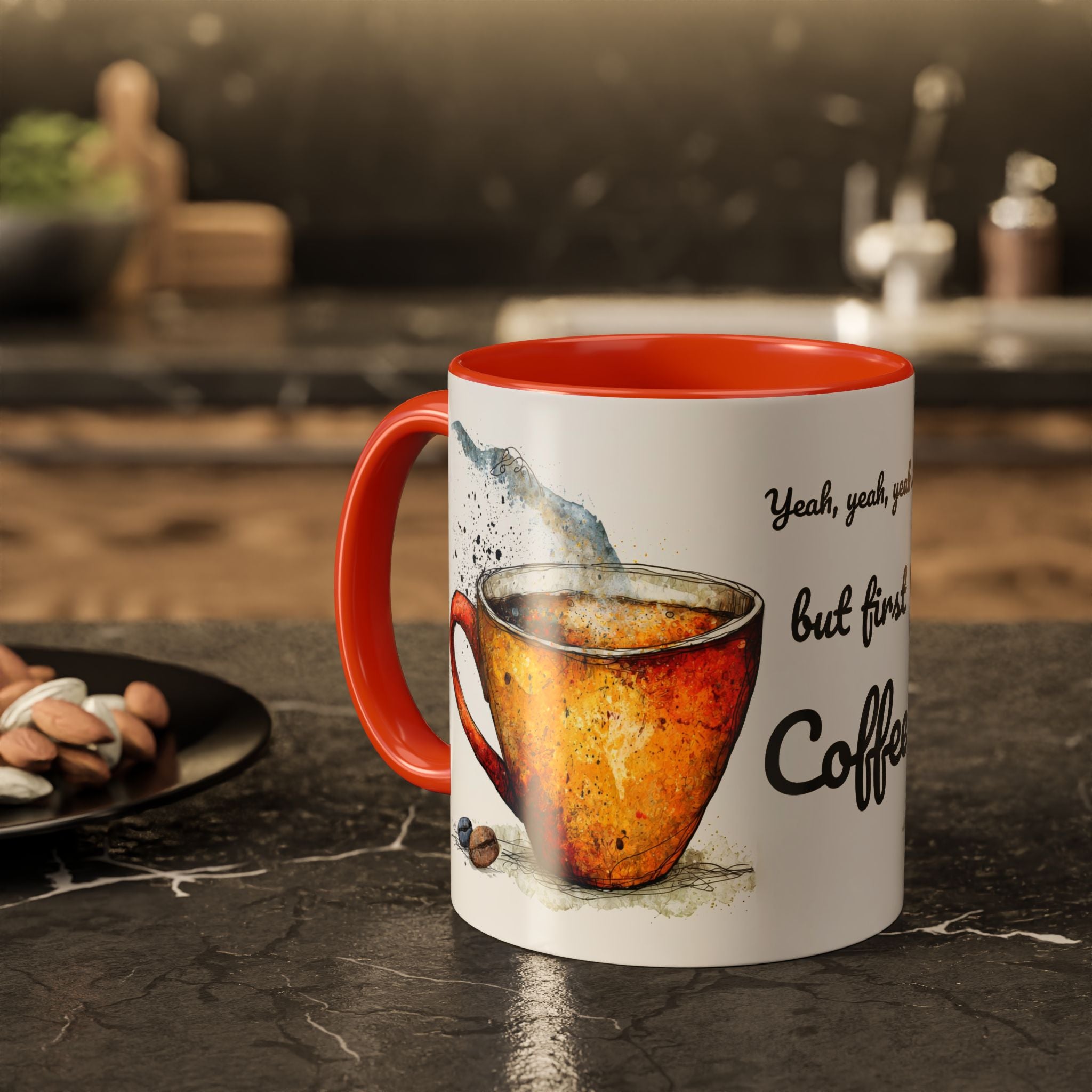 But First Coffee Ceramic Mug — Colorful Watercolor Coffee Cups (11oz & 15oz)