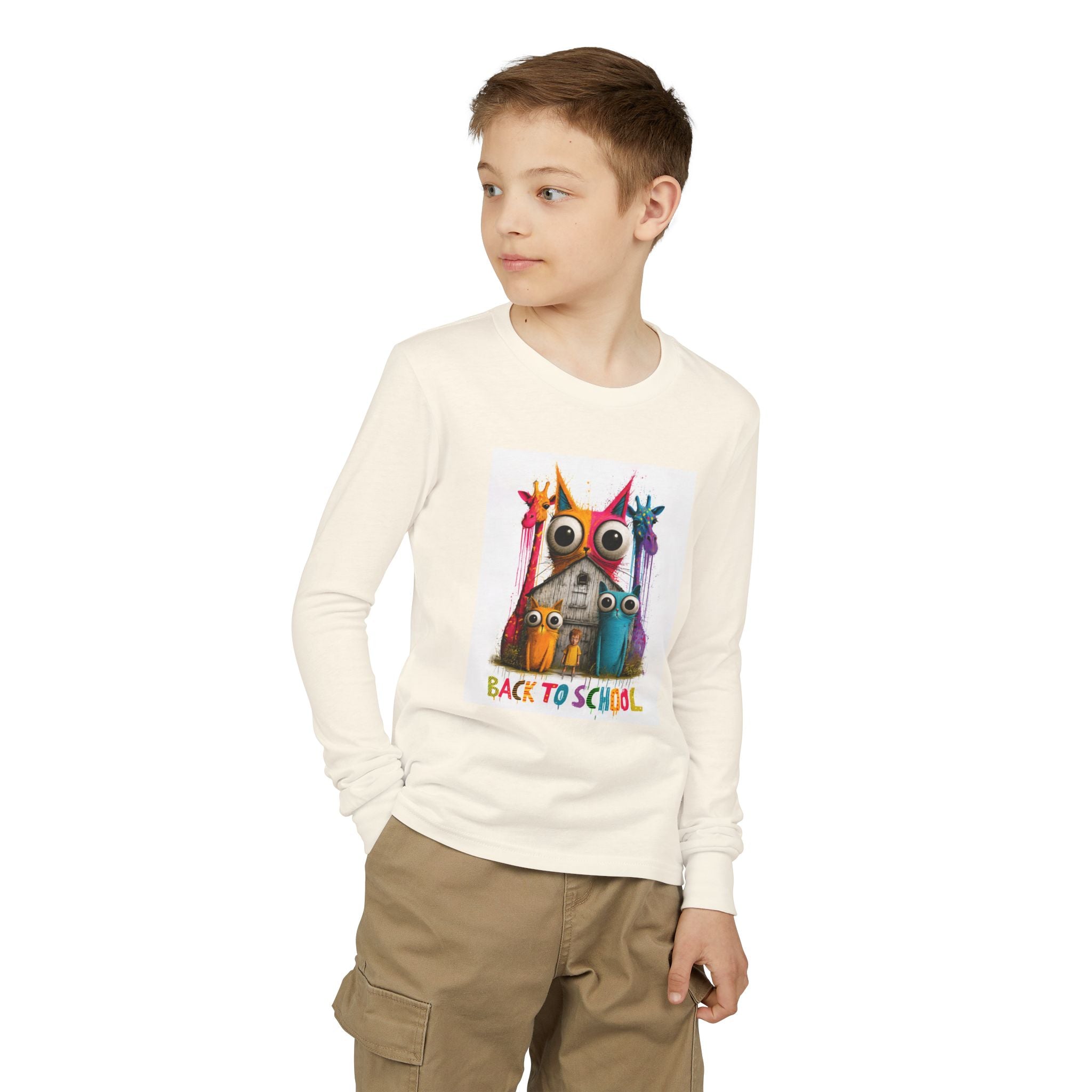 Back to School Youth Long Sleeve Tee — Colorful Owl Schoolhouse Design