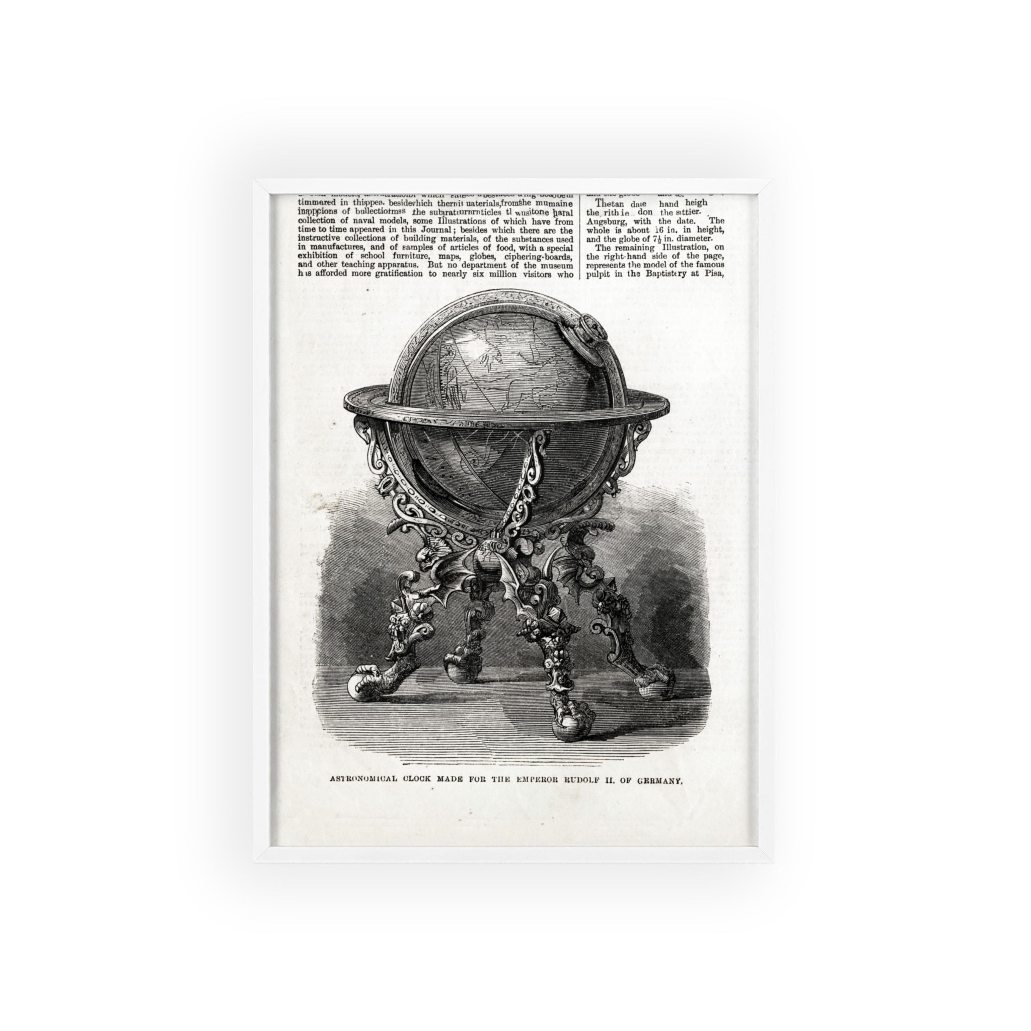 Astronomical Clock made for the Emperor RUDOLPH II, of Germany. Vintage Globe Illustration Poster with Wooden Frame — Antique Map Print
