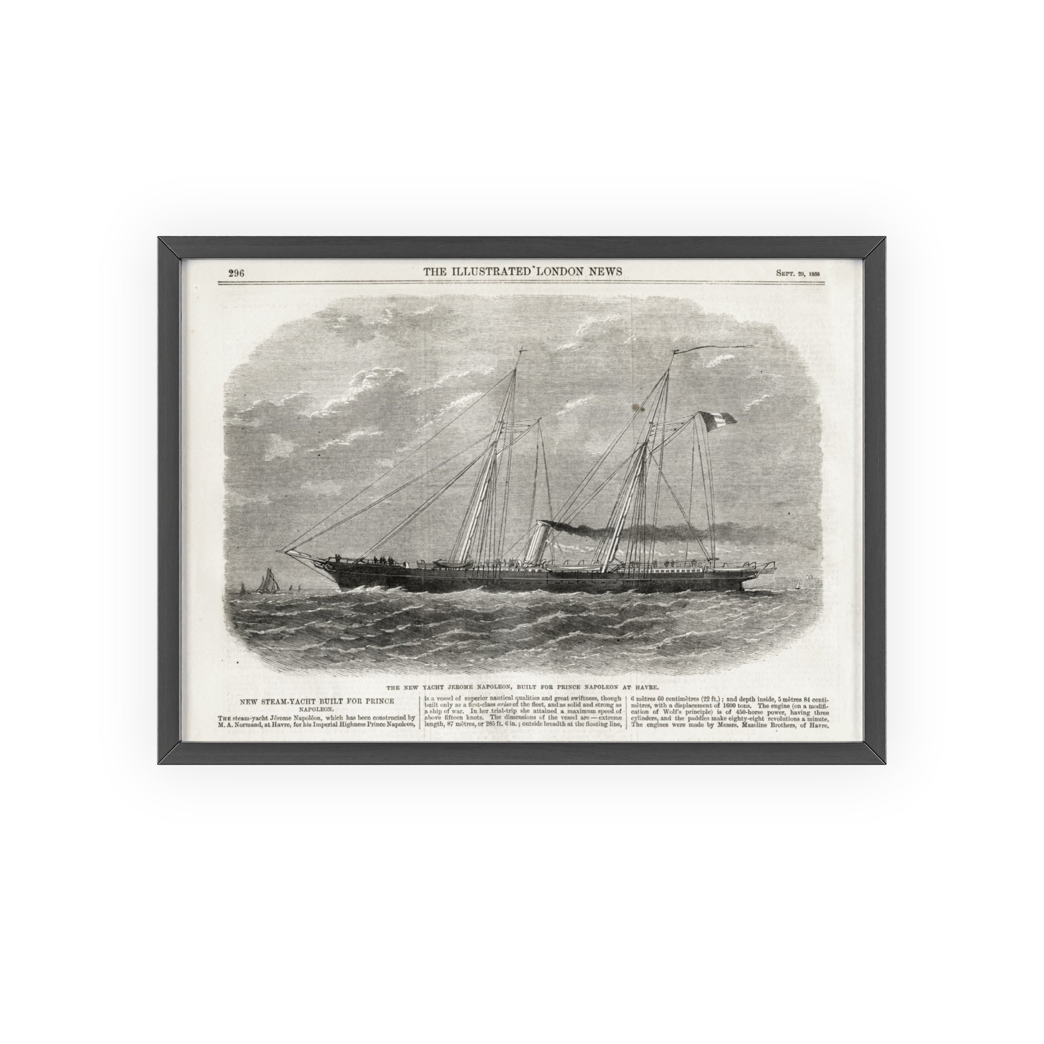The New Yacht JEROME NAPOLEON, Built for Prince NAPOLEAN at Havre. Framed Vintage Ship Print Poster — Nautical Wall Art with Wooden Frame