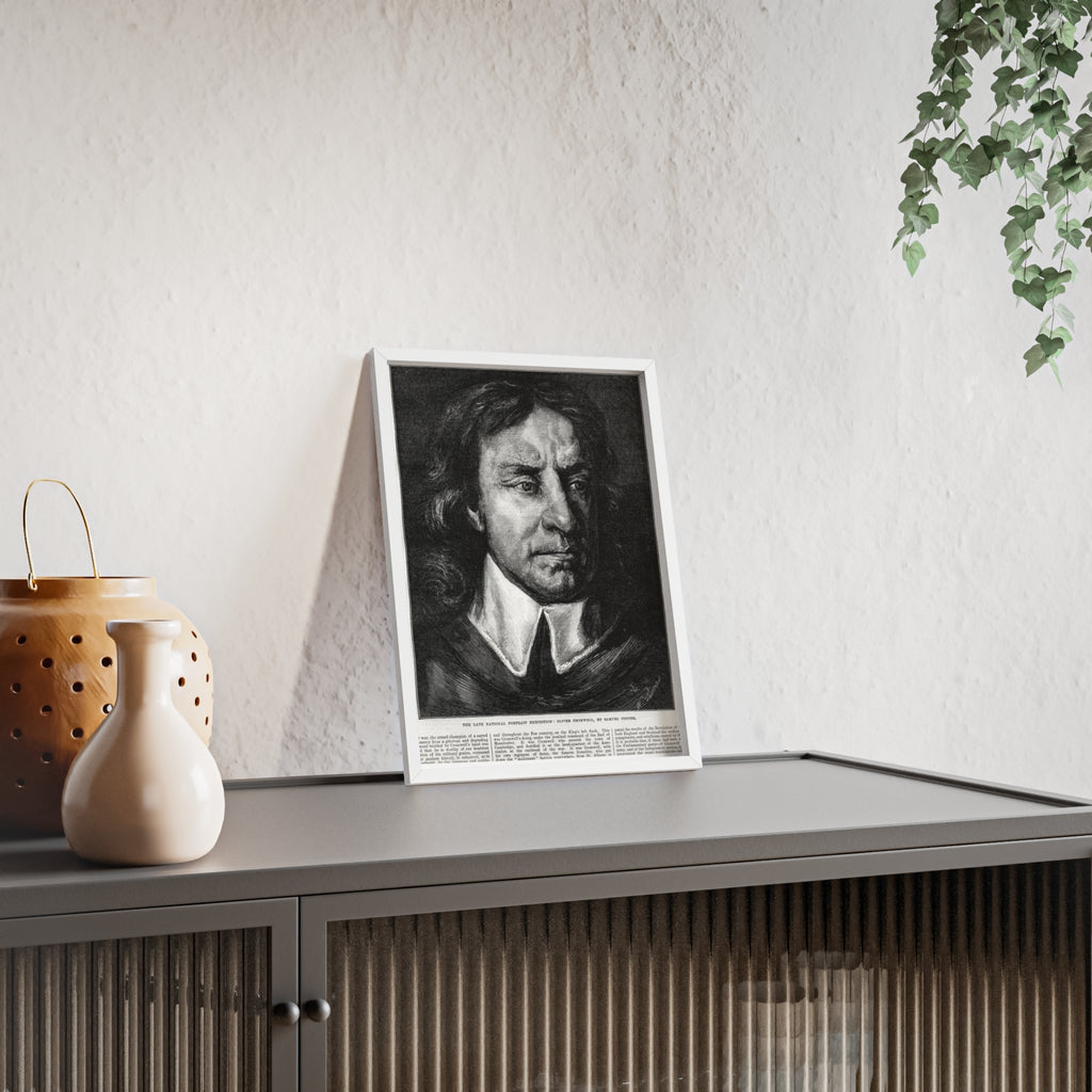 OLIVER CROMWELL. Historical Portrait Poster with Wooden Frame — Vintage Chalk-Style Print