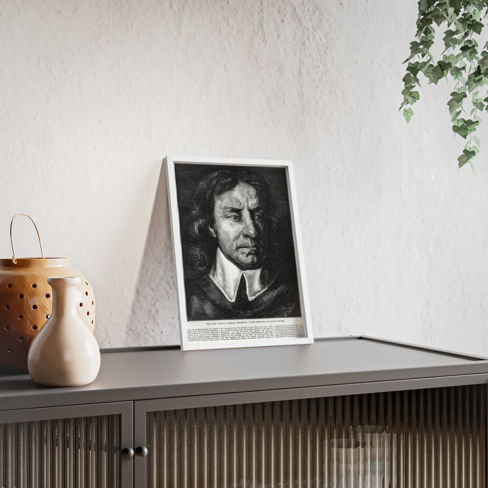 OLIVER CROMWELL. Historical Portrait Poster with Wooden Frame — Vintage Chalk-Style Print