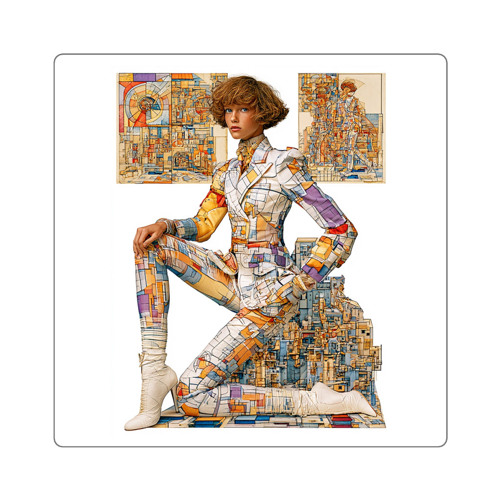 Retro Futurist Collage Square Sticker — Vintage Fashion Tech Art