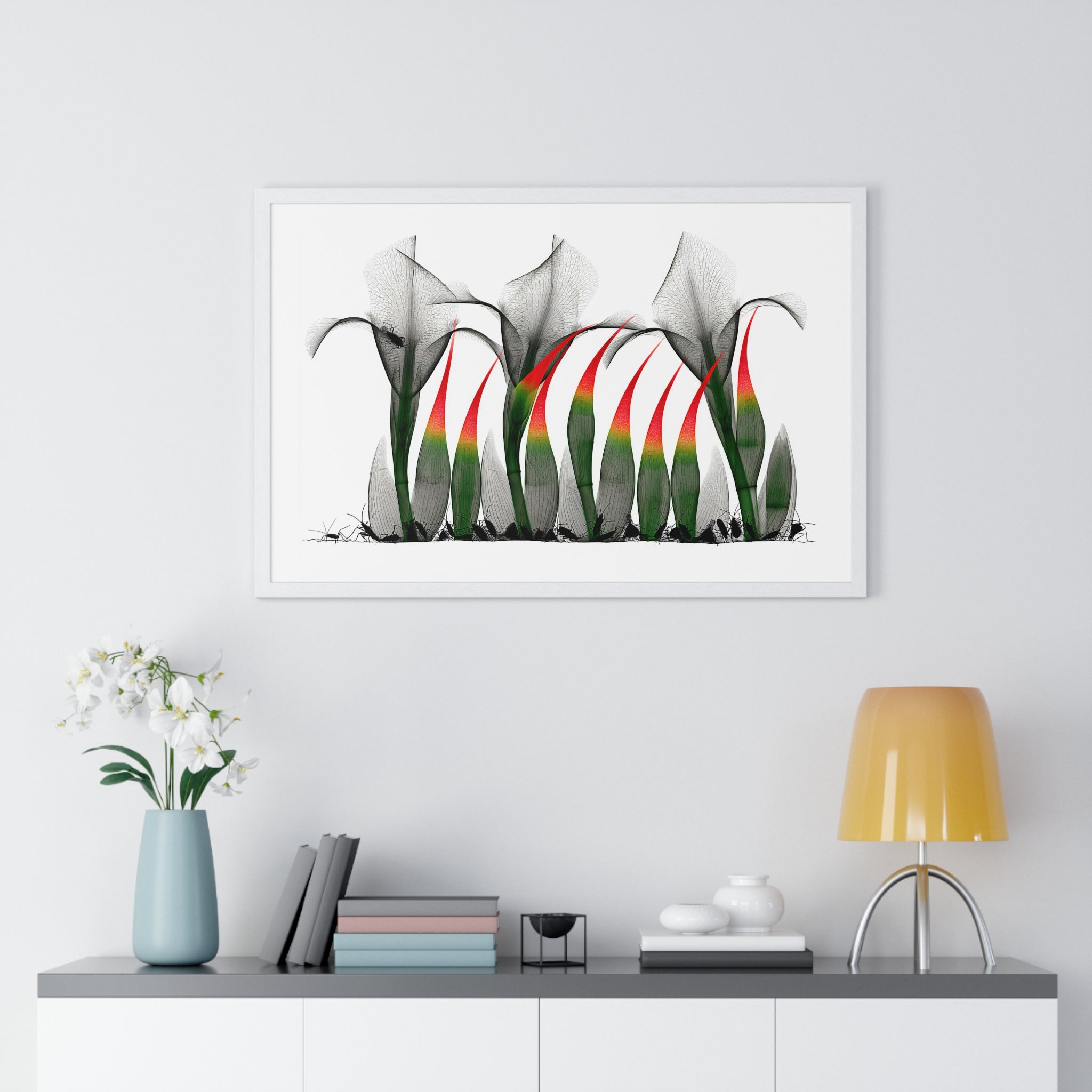 Framed Poster - Abstract Botanical Calla Lily Art with Red & Green Accents