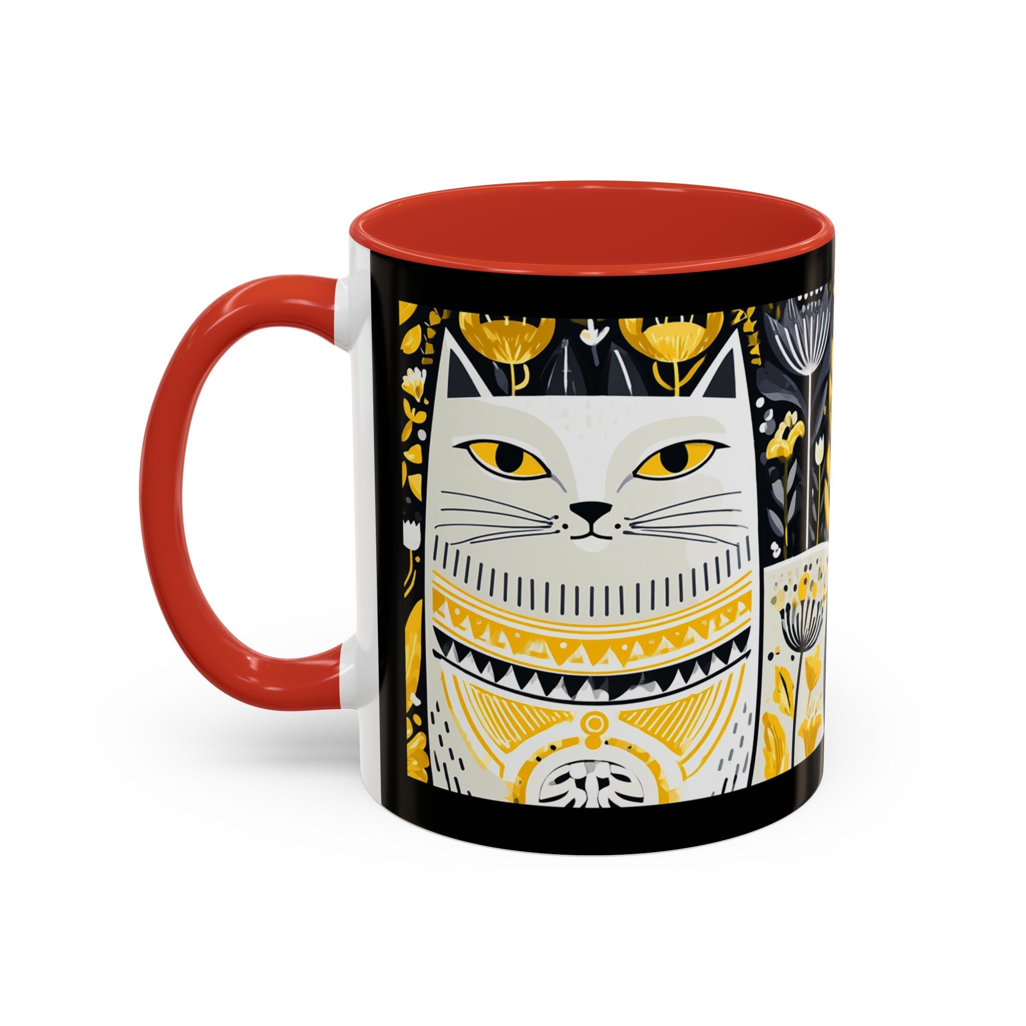 Black & Gold Cat Floral Coffee Mug — Whimsical Botanical Cat Accent Mug (11/15oz)