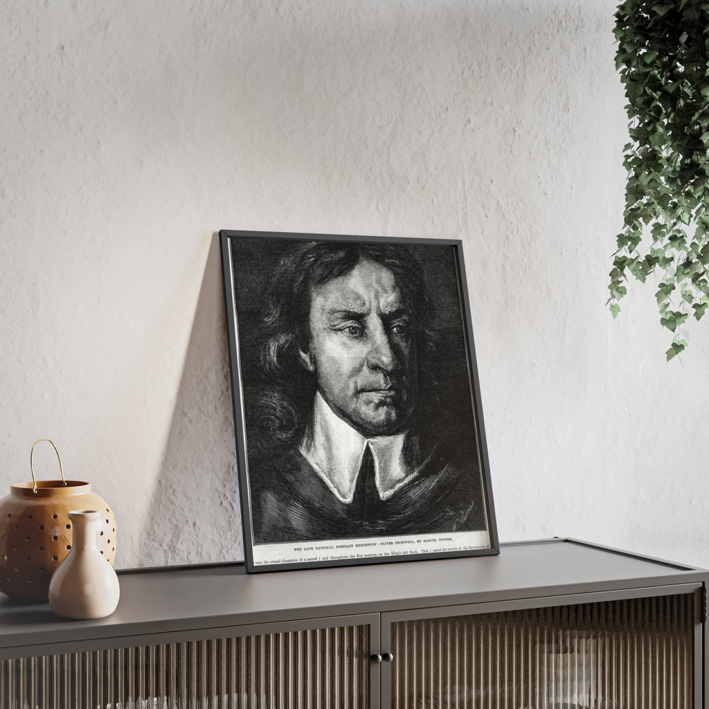 OLIVER CROMWELL. Historical Portrait Poster with Wooden Frame — Vintage Chalk-Style Print