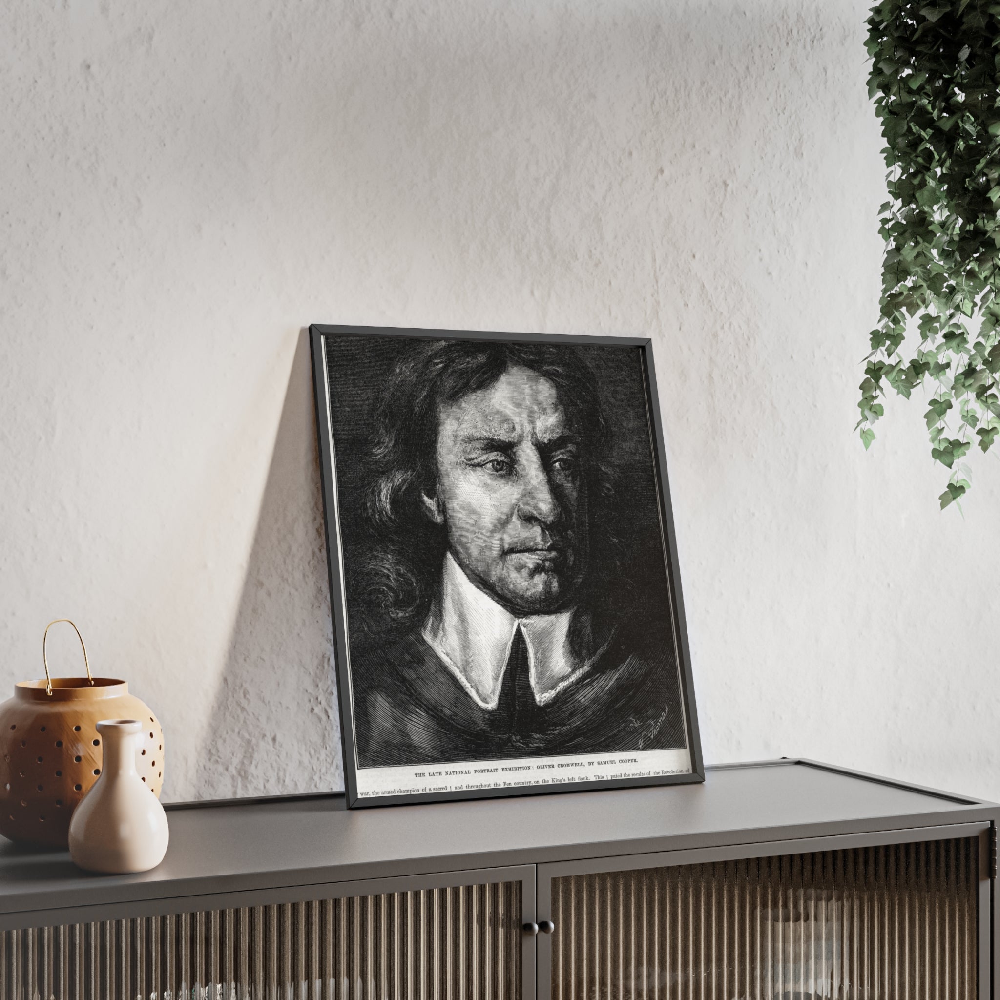 OLIVER CROMWELL. Historical Portrait Poster with Wooden Frame — Vintage Chalk-Style Print