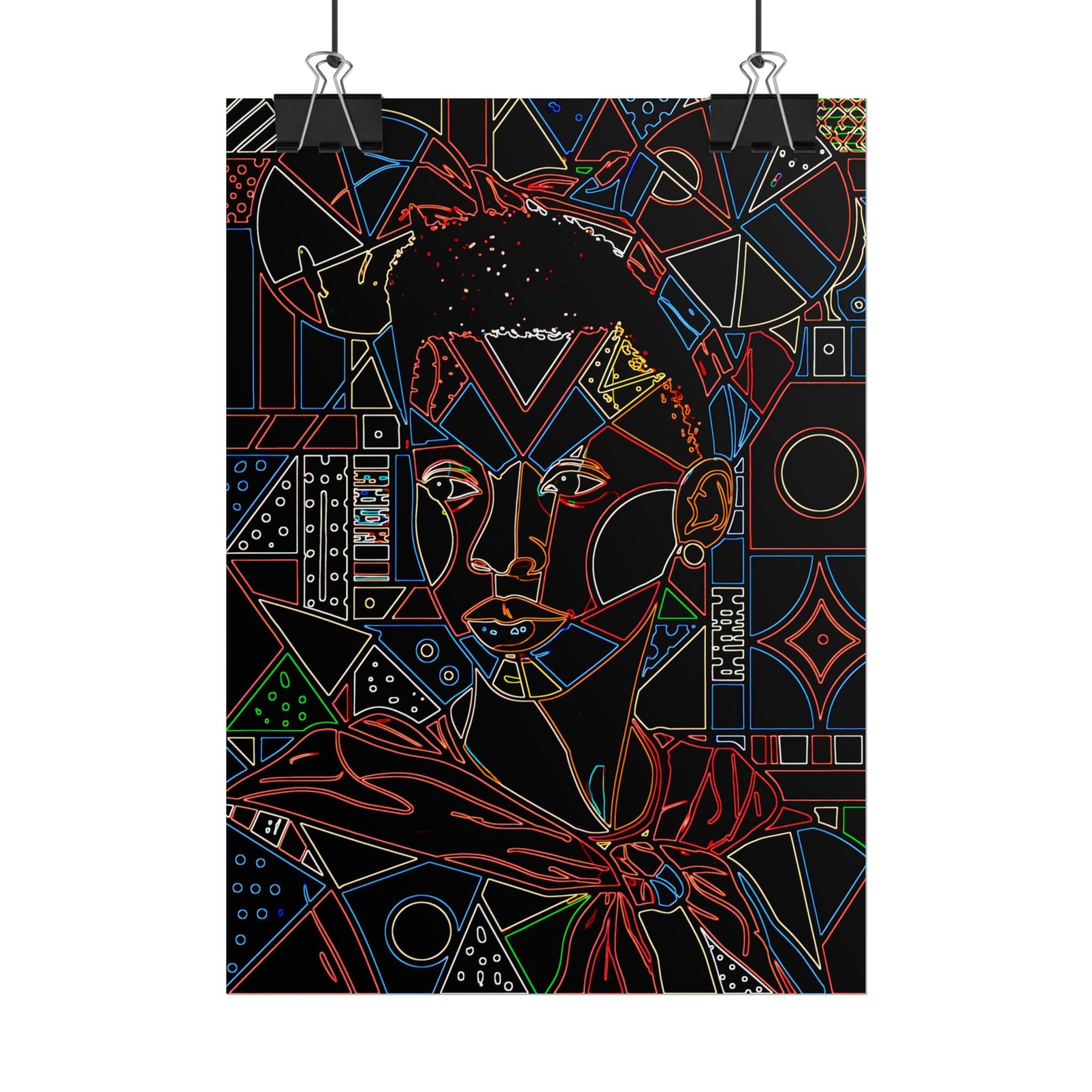 Neon Line Art Portrait Poster — Afro Futurism Geometric Wall Art (Rolled)