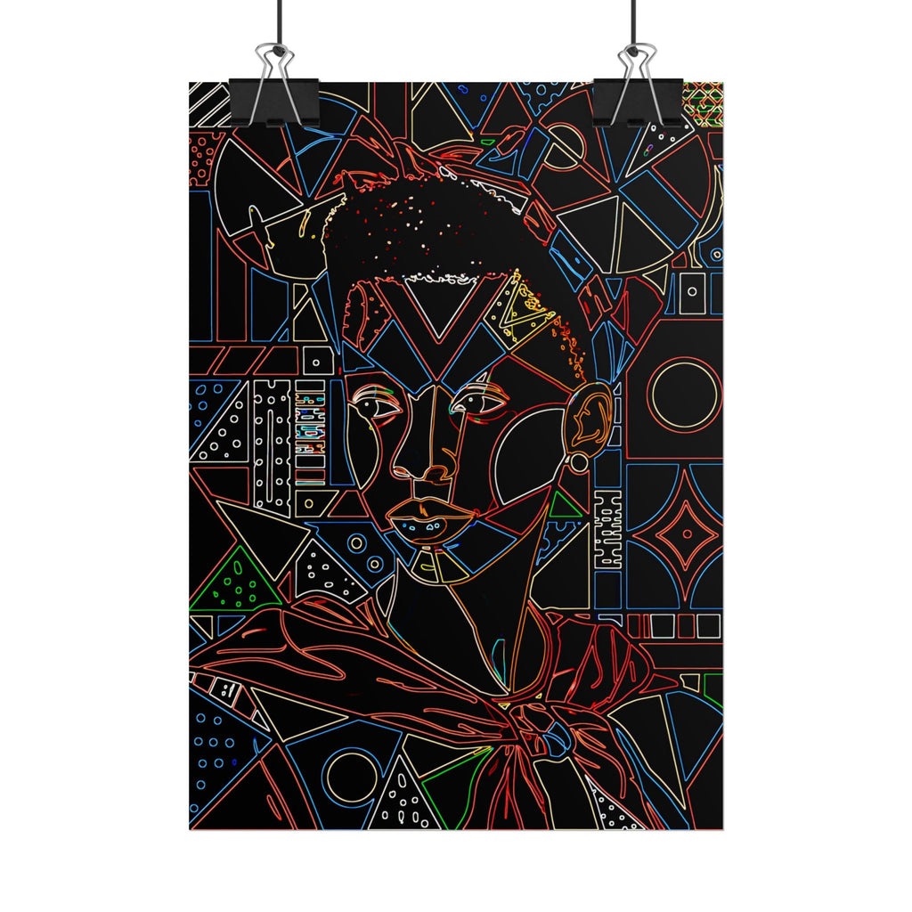 Neon Line Art Portrait Poster — Afro Futurism Geometric Wall Art (Rolled)