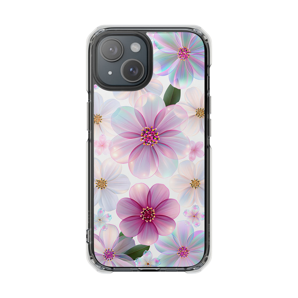 Clear Floral Magnetic Phone Case — Pastel Pink Blossoms, Protective iPhone Cover