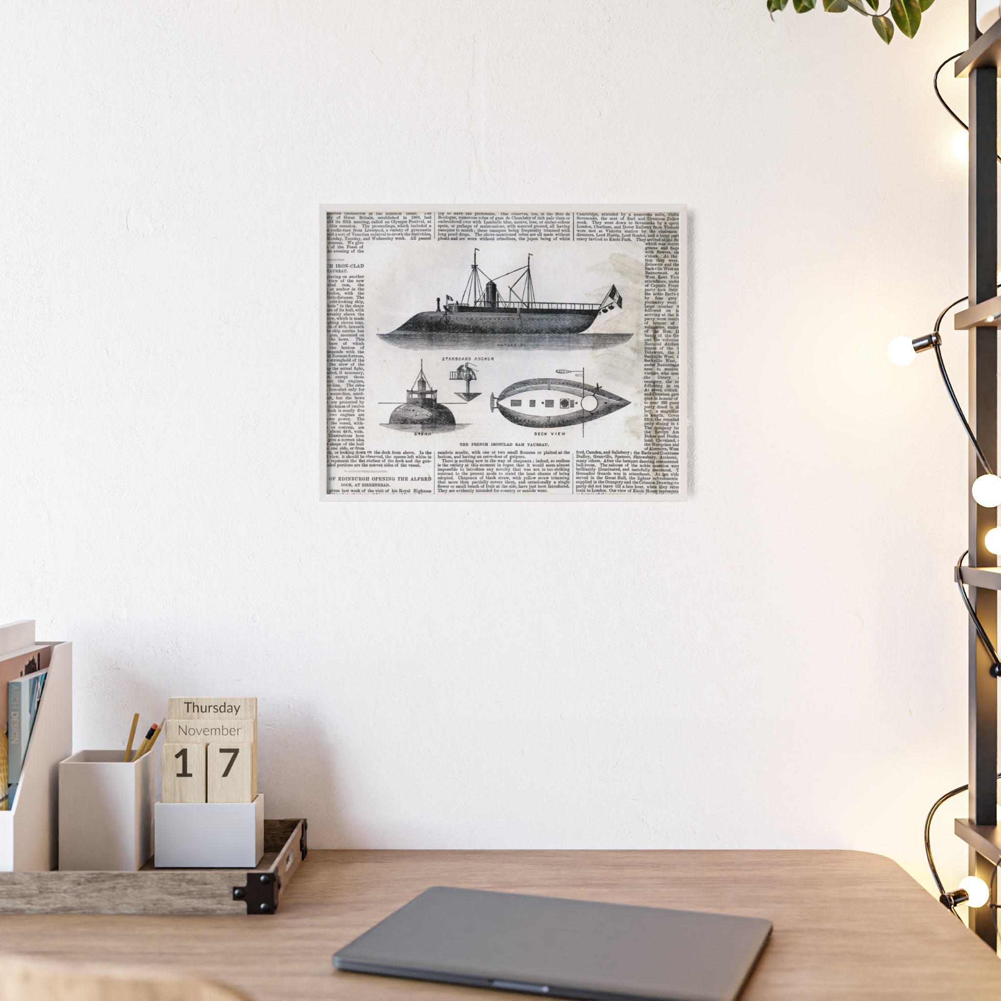 The French Ironclad RAM TAUREAU. Vintage Steamboat Patent Poster — Framed Nautical Wall Art