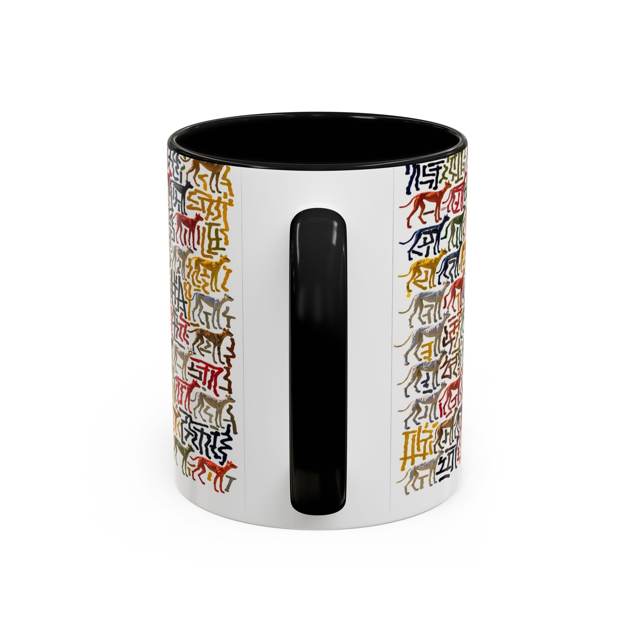 Greyhound Silhouette Accent Coffee Mug — Colorful Script Dog Pattern (11/15oz)