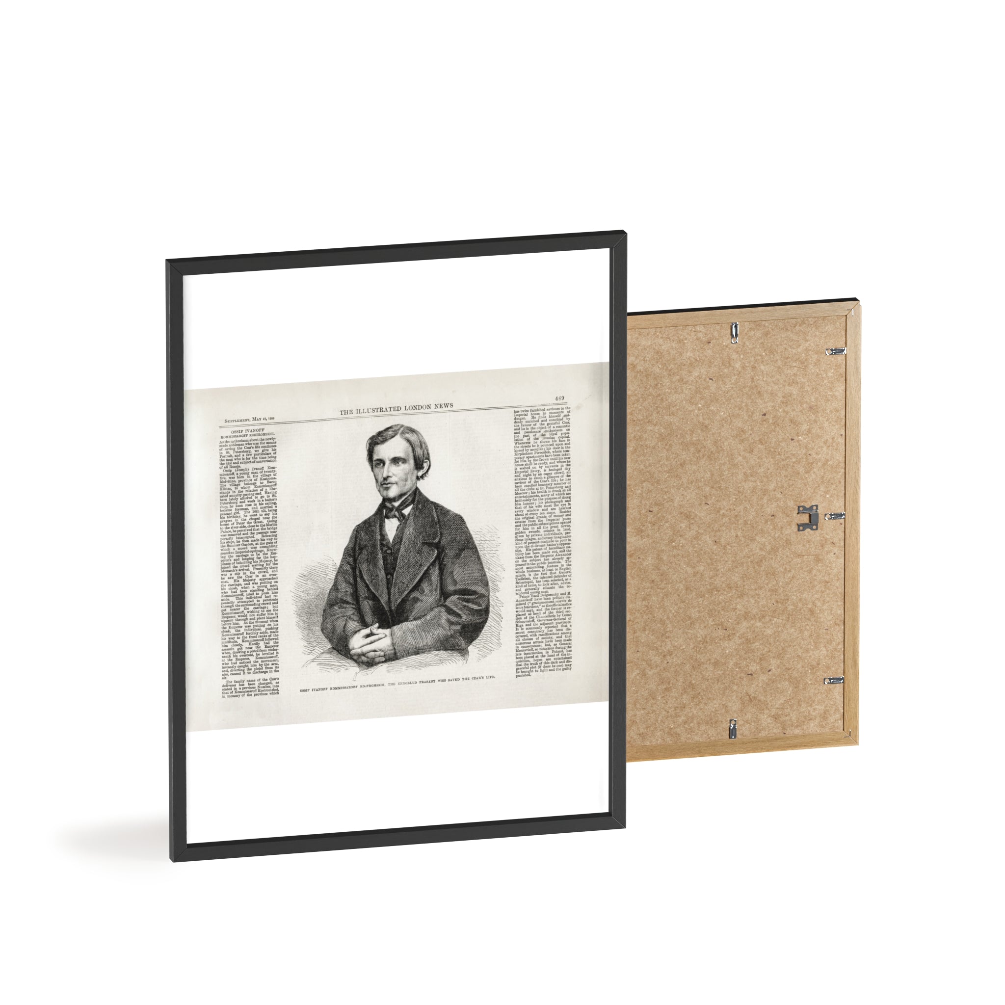 OSSIP IVANOFF, the peasant who saved the CZAR's Life. Vintage Illustrated Portrait Poster with Wooden Frame — Antique Newspaper Art Print