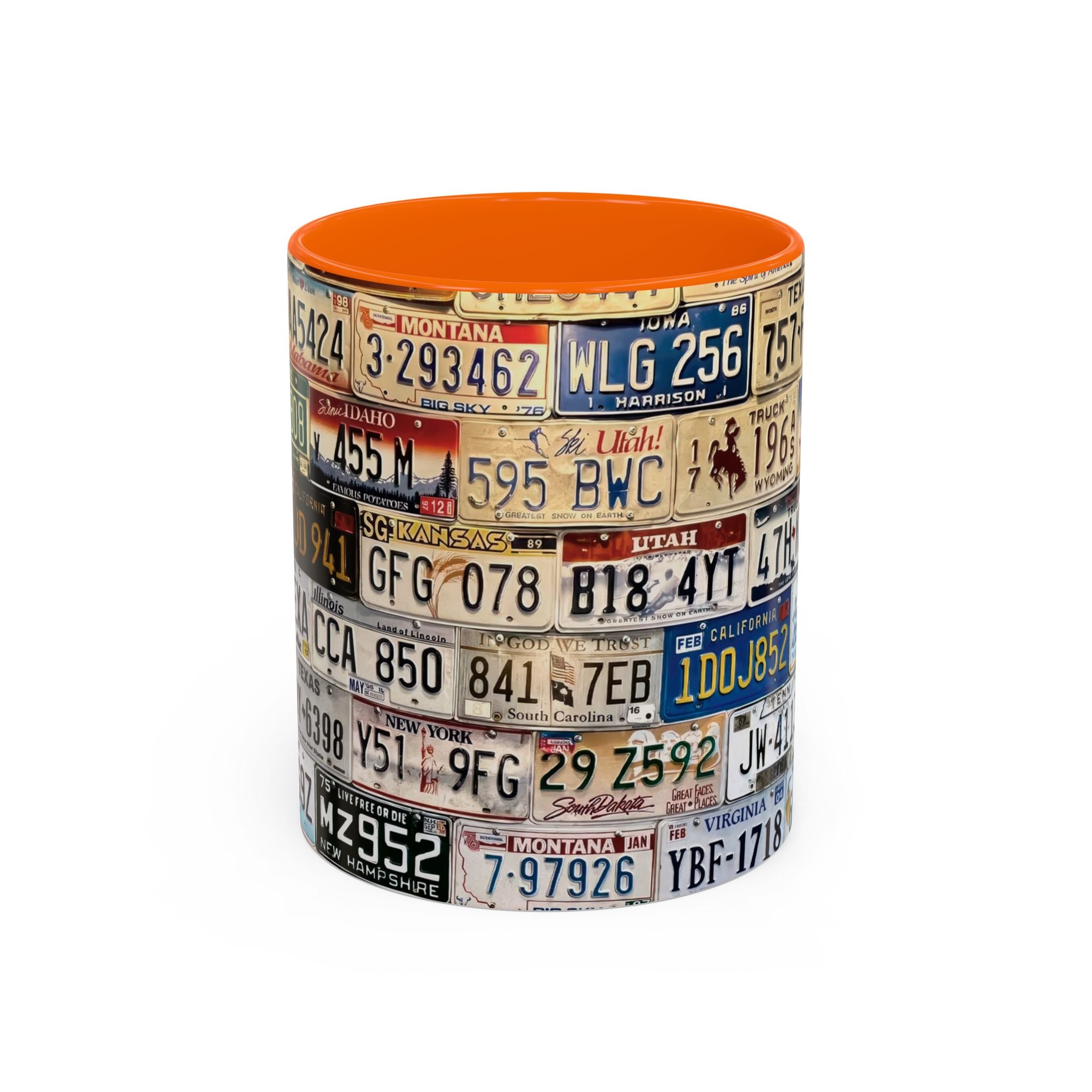 License Plate Collage Coffee Mug — Route 66, Vintage Road Trip Accent Mug
