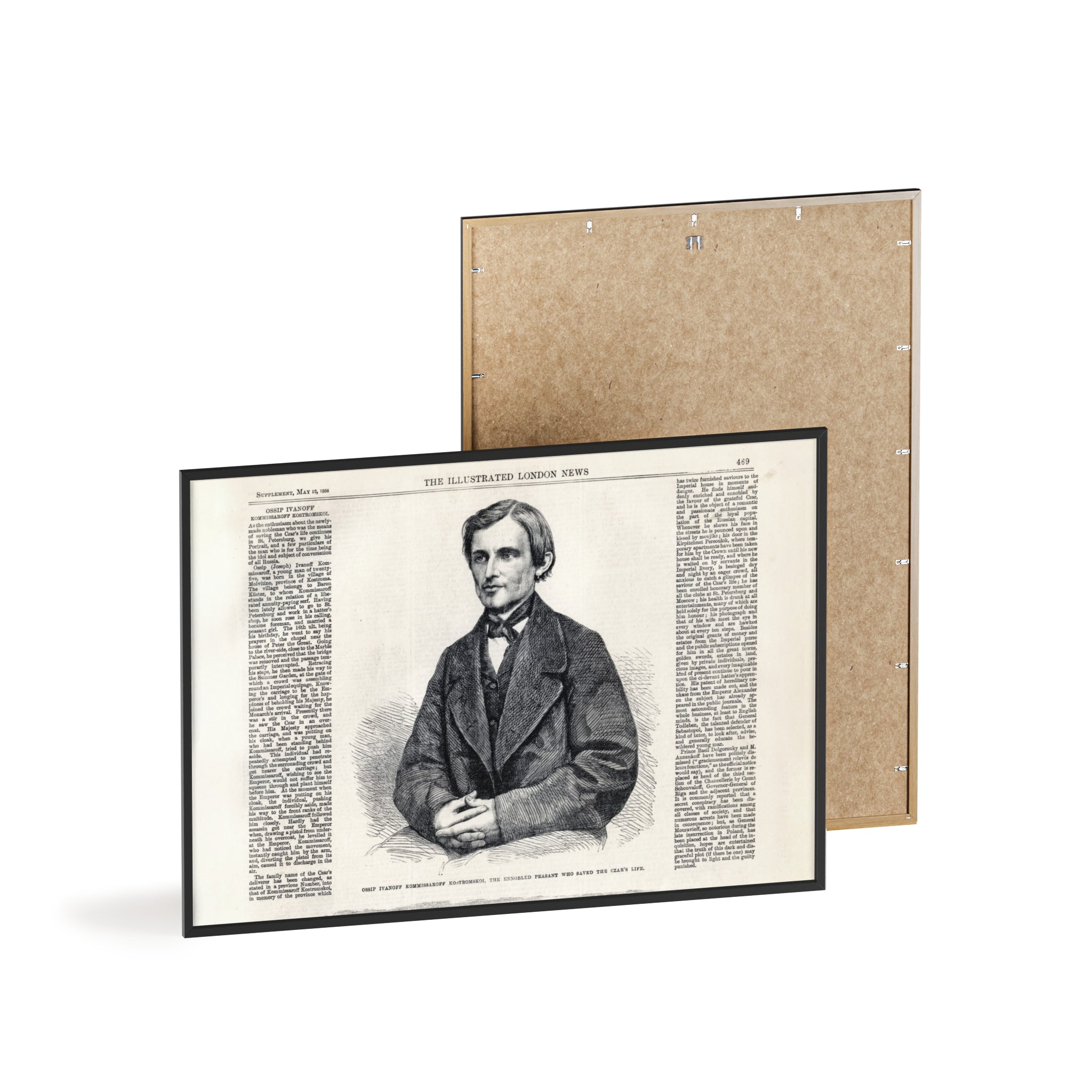 Portrait of Ossip Ivanoff the peasant who saved the Czar's Life. Vintage Newspaper Print Poster with Wooden Frame
