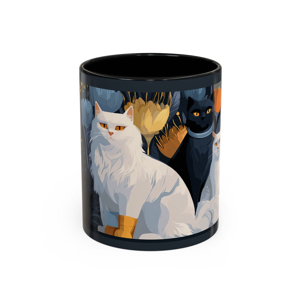 Cat Pattern Accent Coffee Mug — Illustrated Cats Floral Night Design (11/15oz)