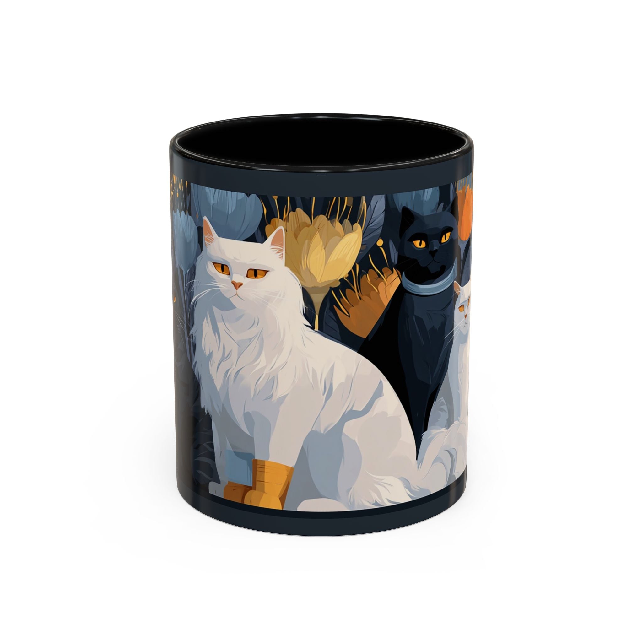 Cat Pattern Accent Coffee Mug — Illustrated Cats Floral Night Design (11/15oz)