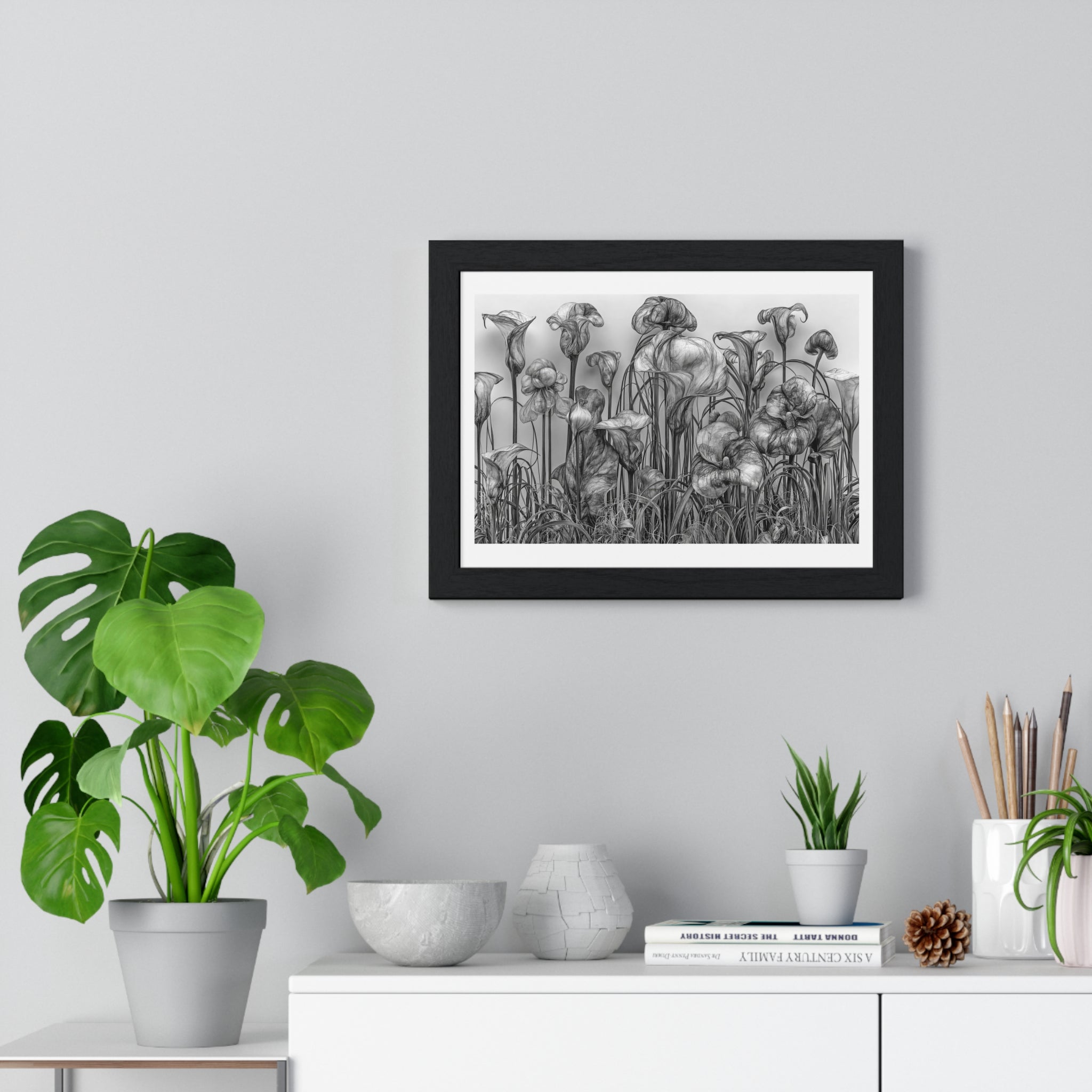 Black & White Botanical Framed Poster — Monochrome Calla Lily Wall Art (Horizontal)