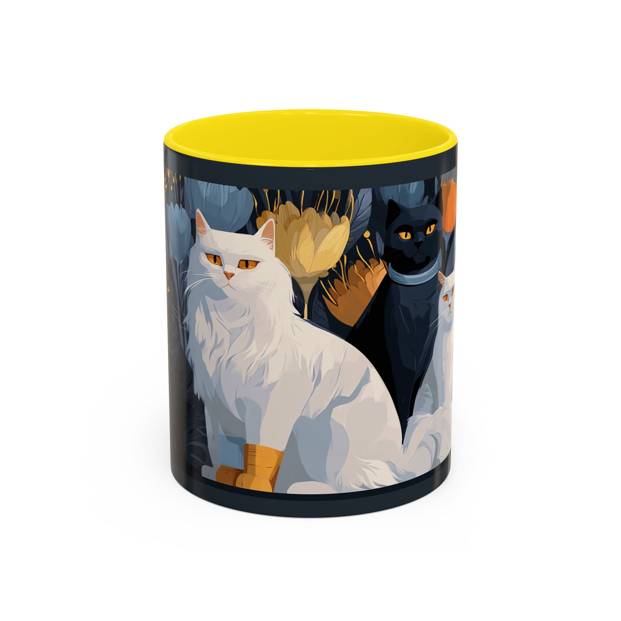 Cat Pattern Accent Coffee Mug — Illustrated Cats Floral Night Design (11/15oz)