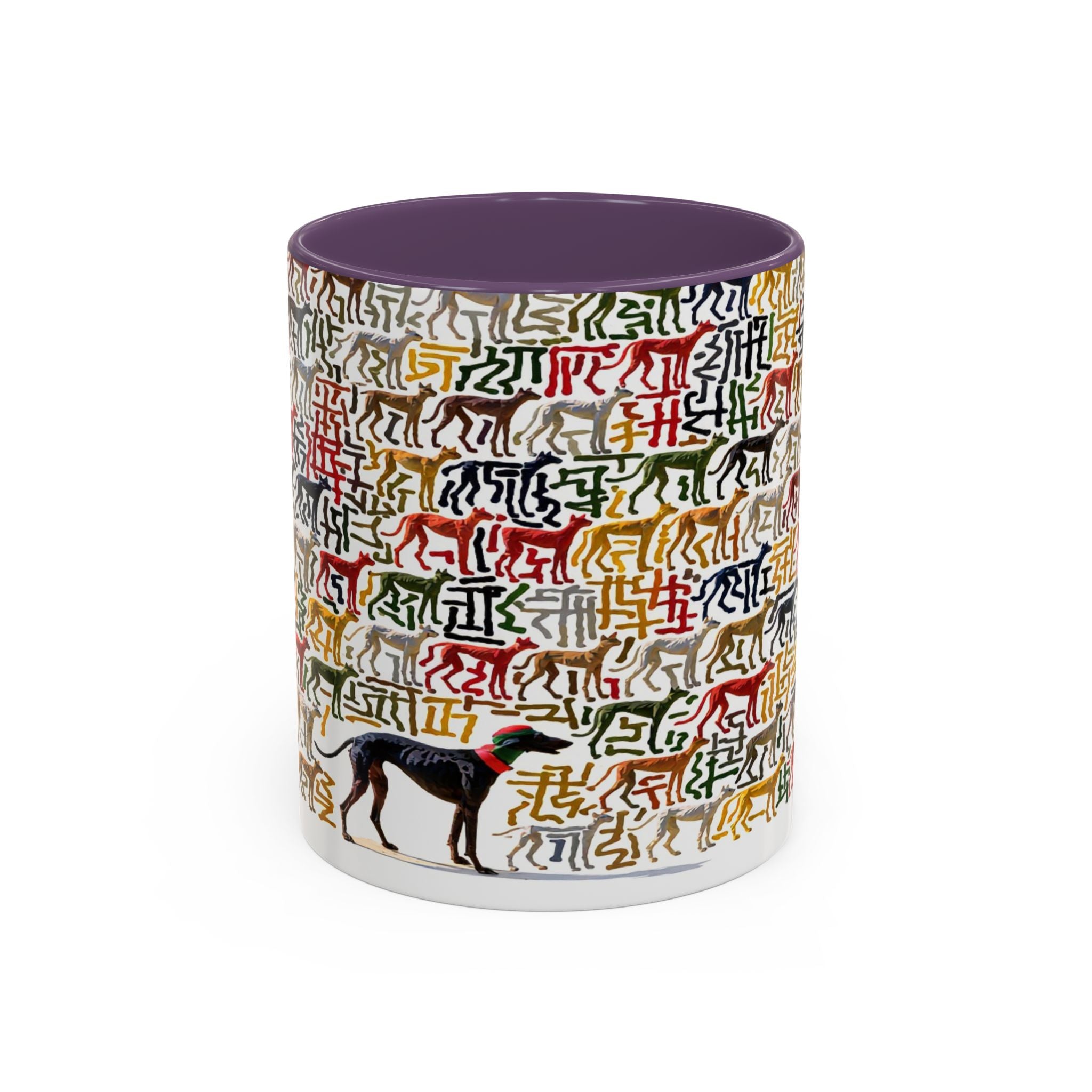 Greyhound Silhouette Accent Coffee Mug — Colorful Script Dog Pattern (11/15oz)
