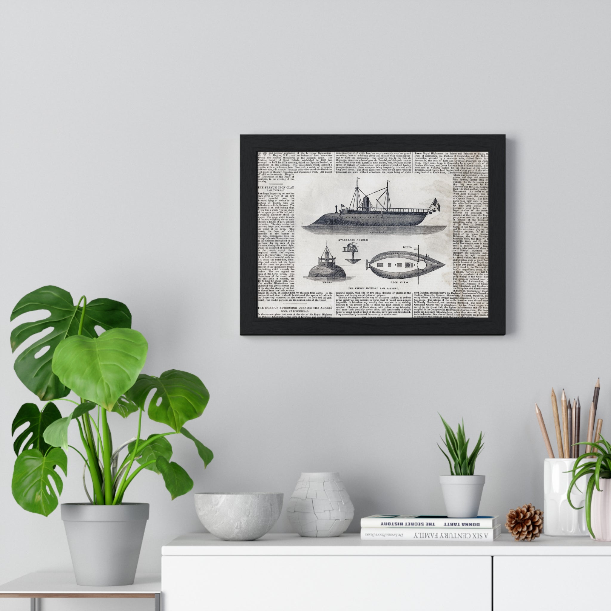 Framed Nautical Patent Poster — Vintage Submarine & Ship Illustration