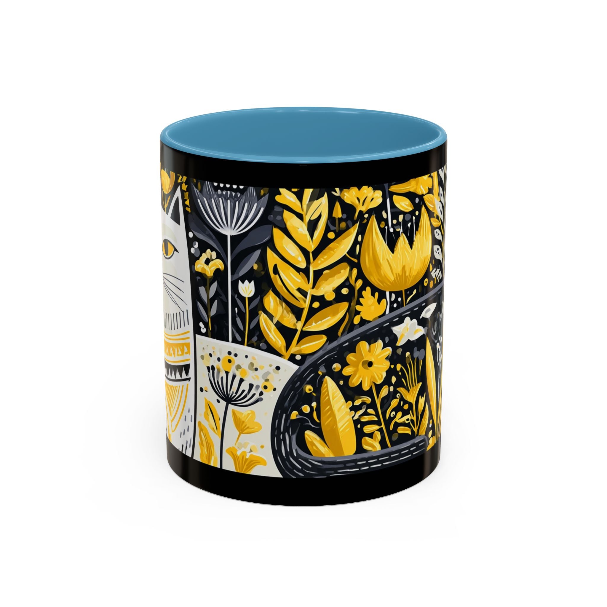 Black & Gold Cat Floral Coffee Mug — Whimsical Botanical Cat Accent Mug (11/15oz)