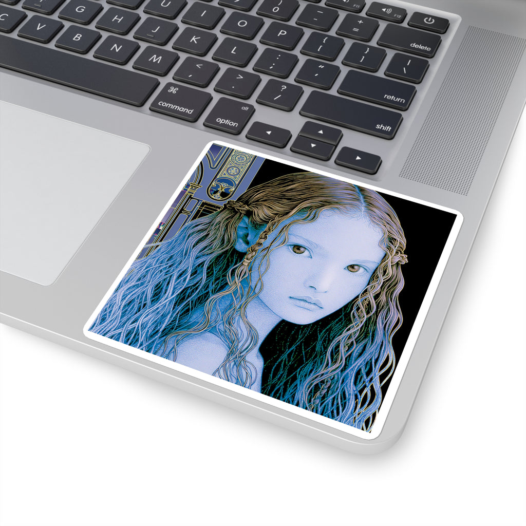Ethereal Blue Elf Girl Square Sticker — Fantasy Anime Art Laptop Decal