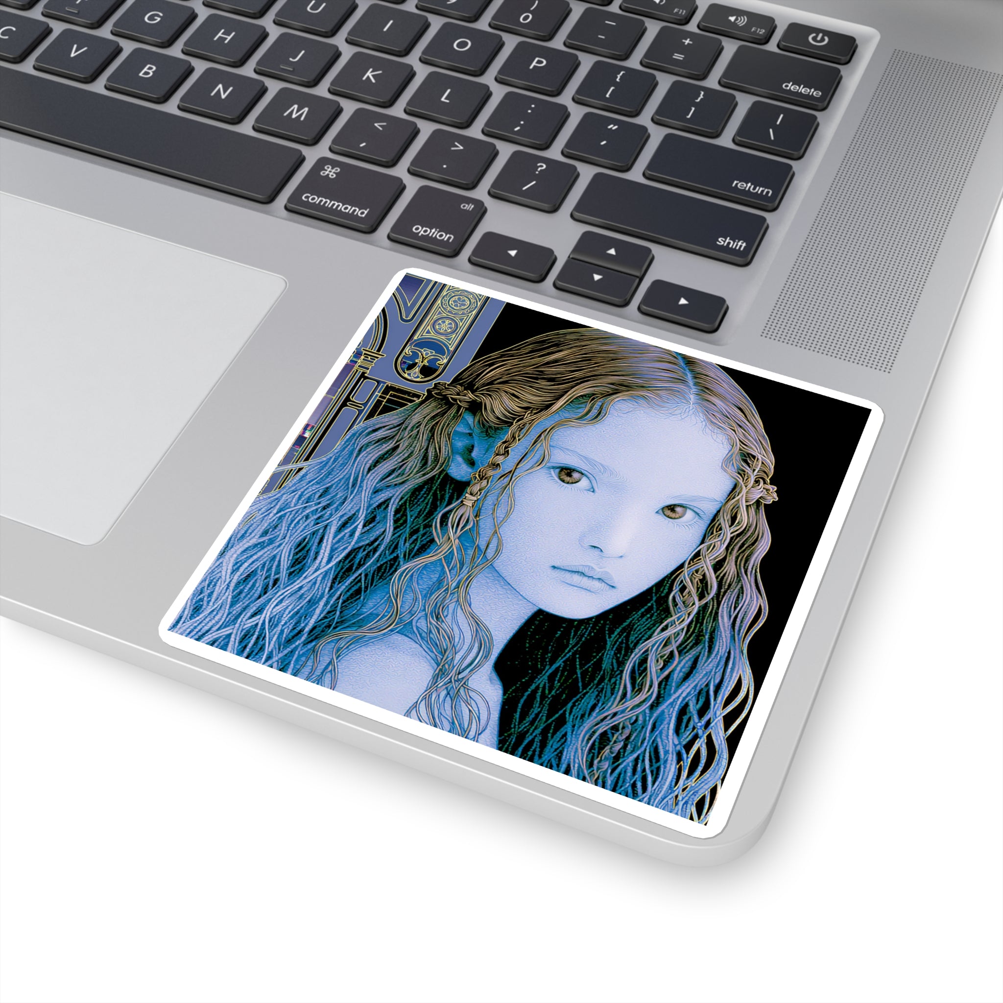 Ethereal Blue Elf Girl Square Sticker — Fantasy Anime Art Laptop Decal