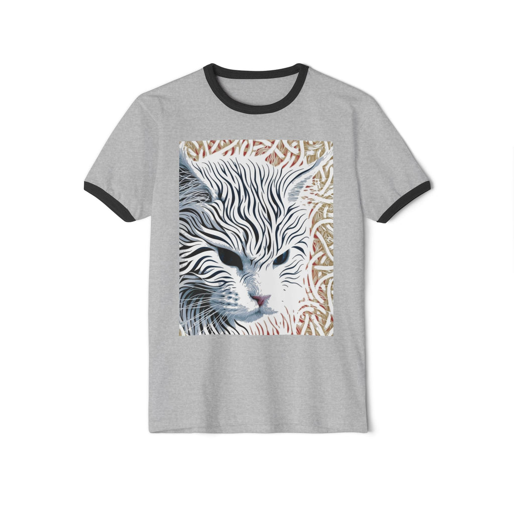Cat Portrait Ringer Tee — Stylized Stripe-Faced Cat Graphic T-Shirt