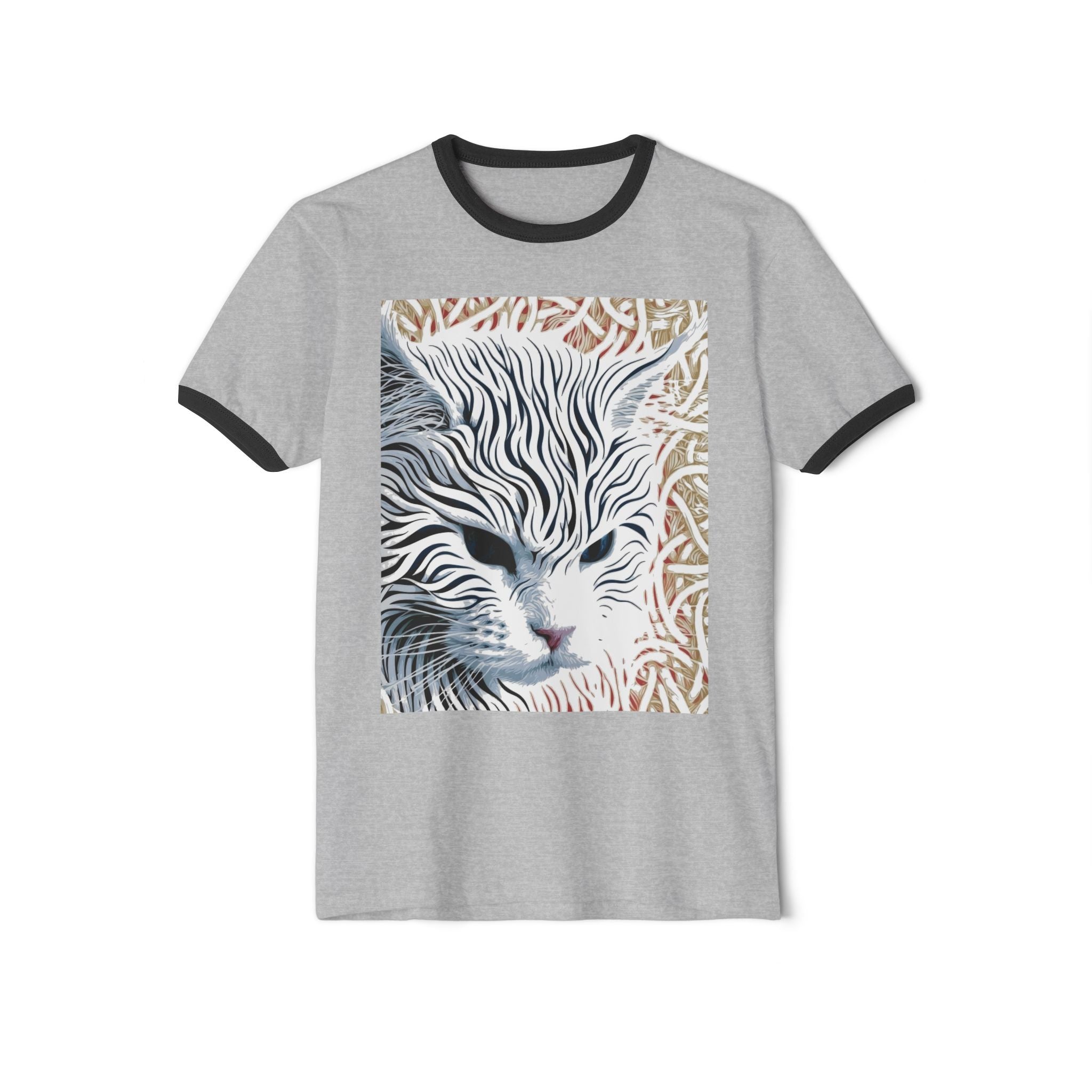 Cat Portrait Ringer Tee — Stylized Stripe-Faced Cat Graphic T-Shirt