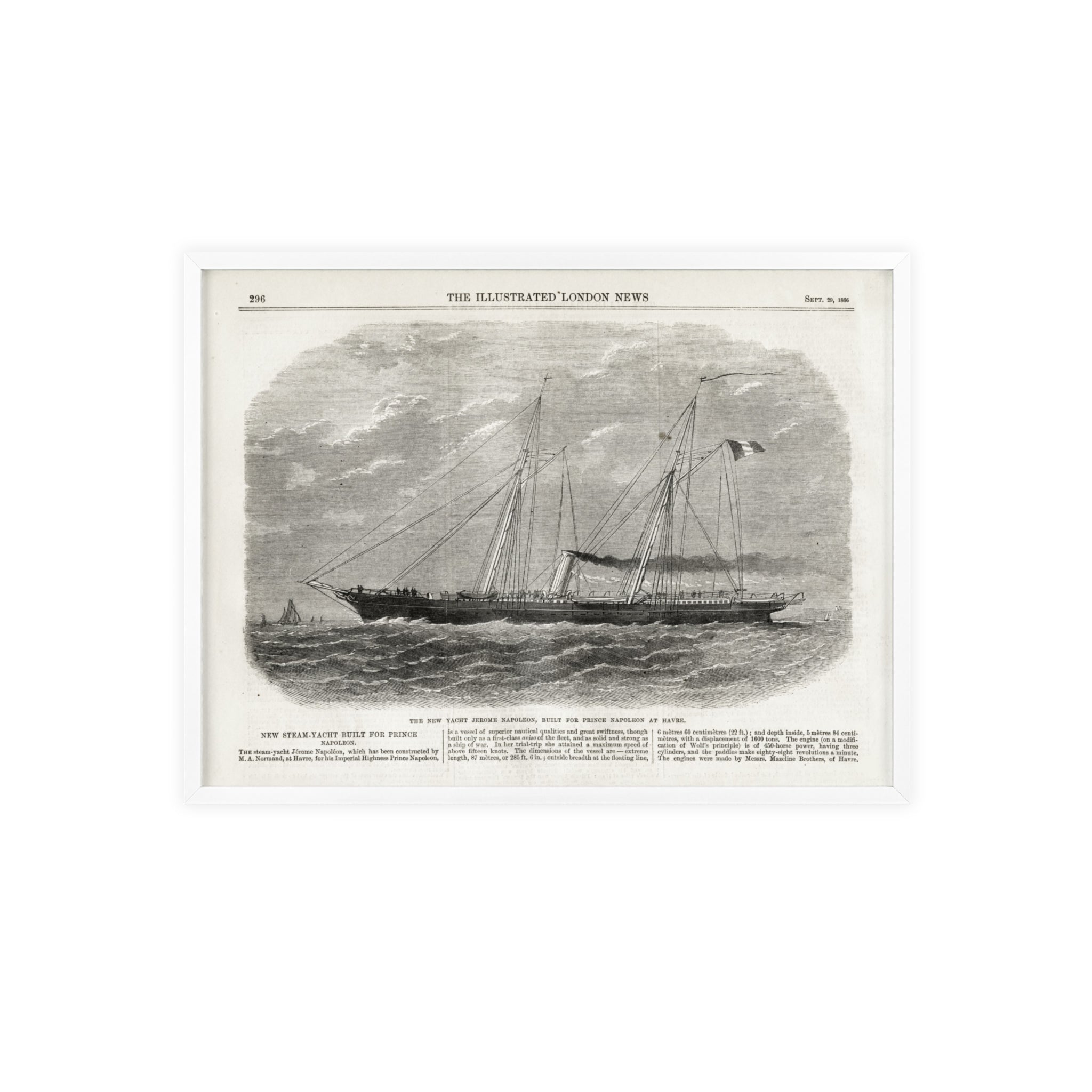 The New Yacht JEROME NAPOLEON, Built for Prince NAPOLEAN at Havre. Framed Vintage Ship Print Poster — Nautical Wall Art with Wooden Frame