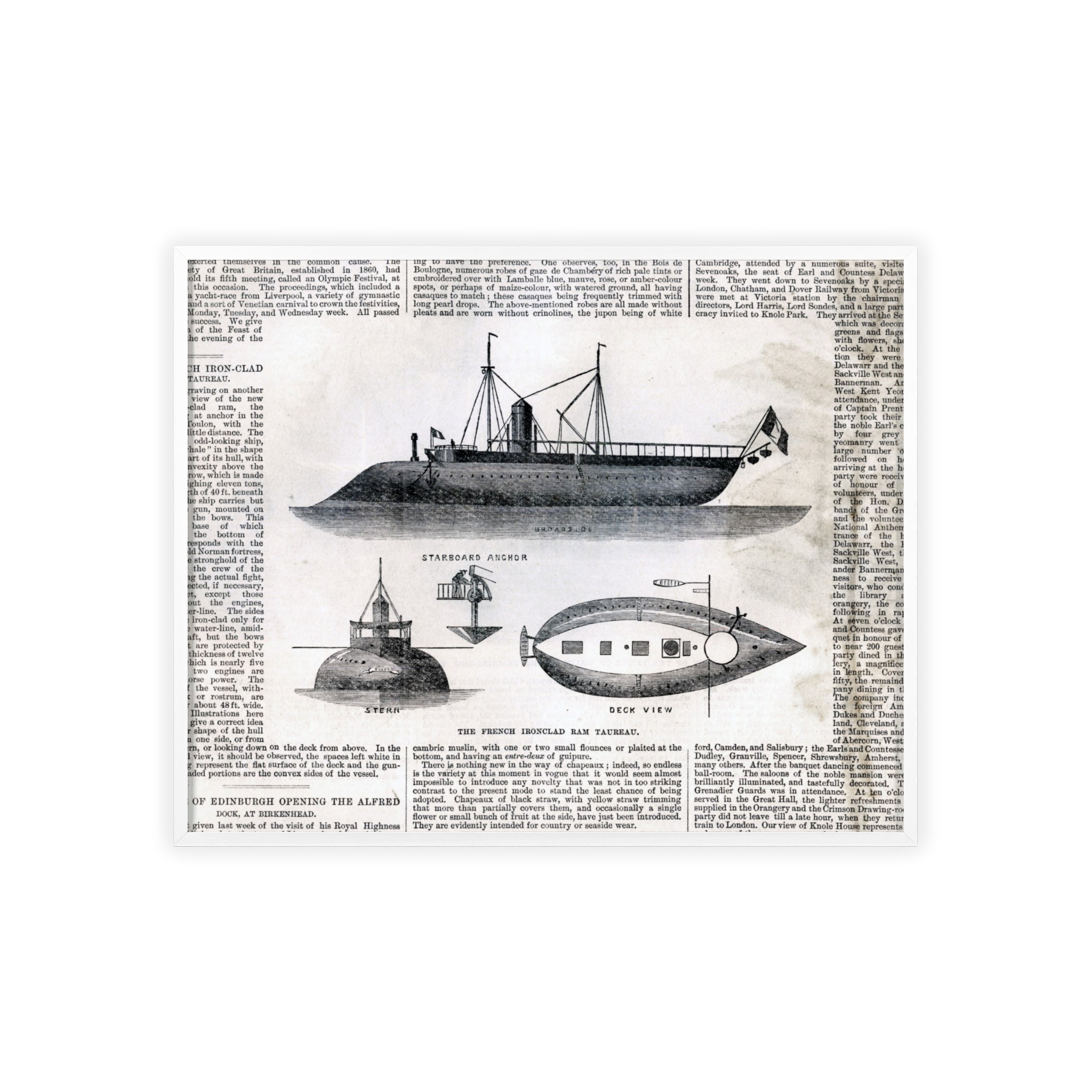 The French Ironclad RAM TAUREAU. Vintage Steamboat Patent Poster — Framed Nautical Wall Art