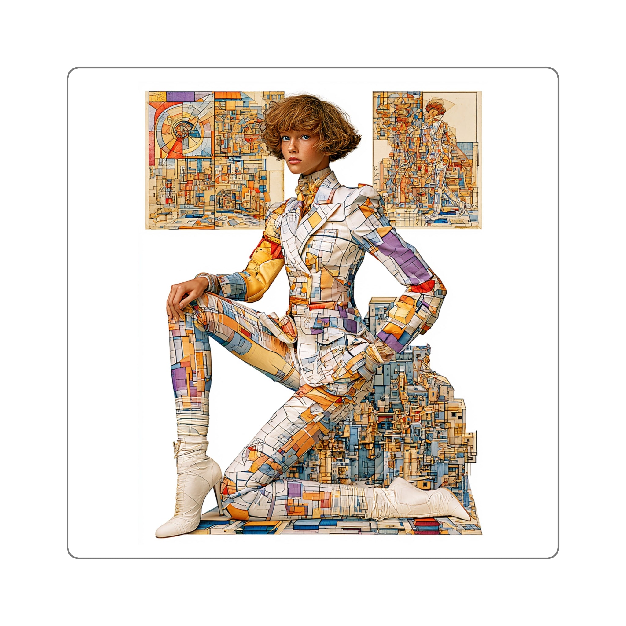 Retro Futurist Collage Square Sticker — Vintage Fashion Tech Art