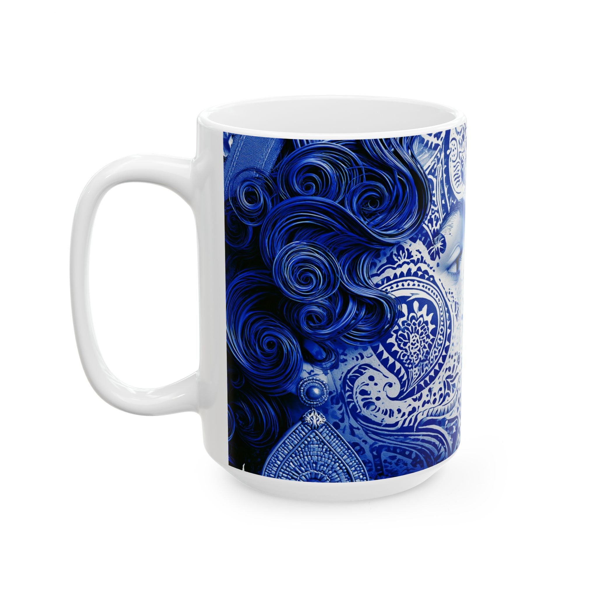Blue Mosaic Face Ceramic Mug — Artistic Patterned 11oz/15oz Coffee Cup