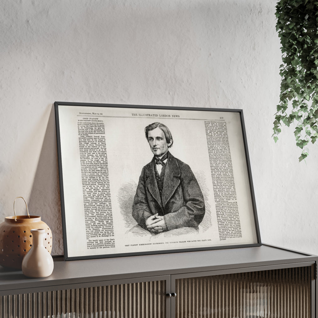 OSSIP IVANOFF, the peasant who saved the CZAR's Life. Vintage Illustrated Portrait Poster with Wooden Frame — Antique Newspaper Art Print