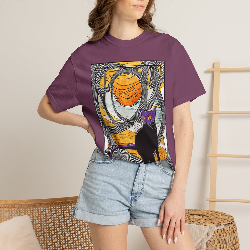 Cat Moon T-Shirt — Black Cat with Purple Mask & Sunset Stained-Glass Design