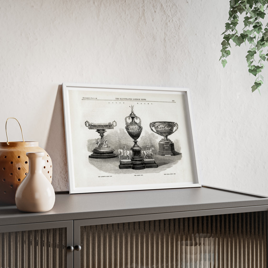 The ASCOT Races. Vintage Trophy Engraving Poster with Wooden Frame