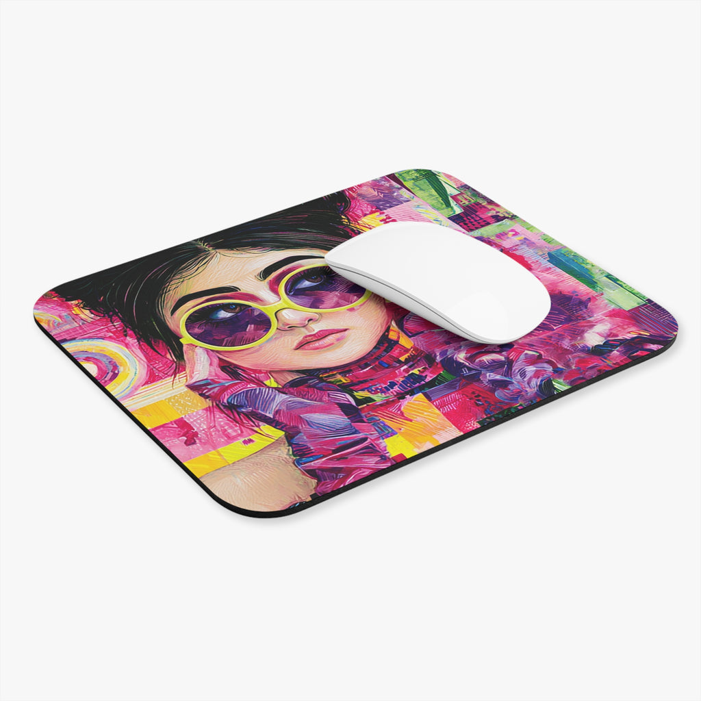 Retro Pop Art Mouse Pad — Colorful Girl with Sunglasses Rectangle Desk Mat