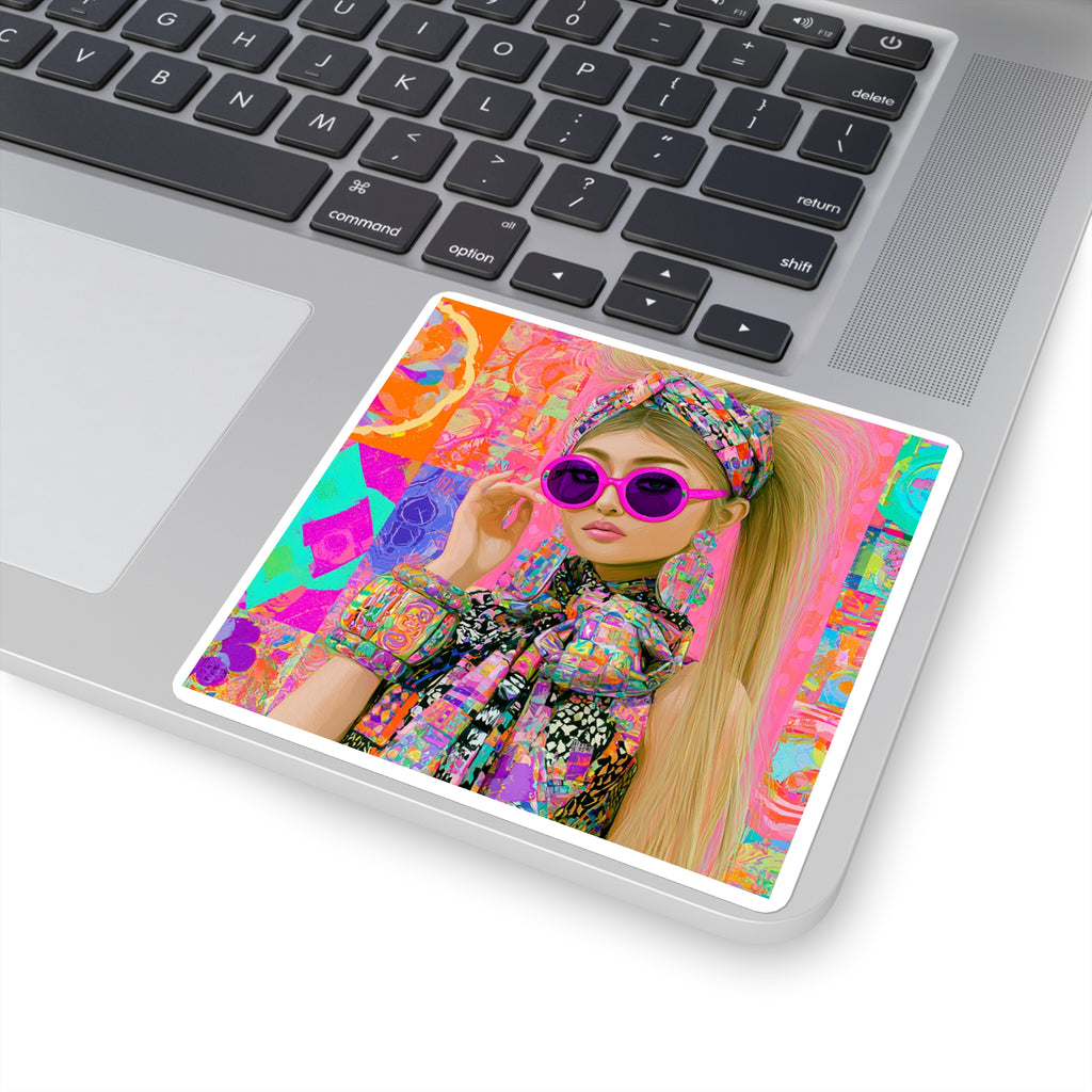 Retro Pop Art Girl Square Sticker — Colorful 60s-Inspired Fashion Decal for Laptops & Journals