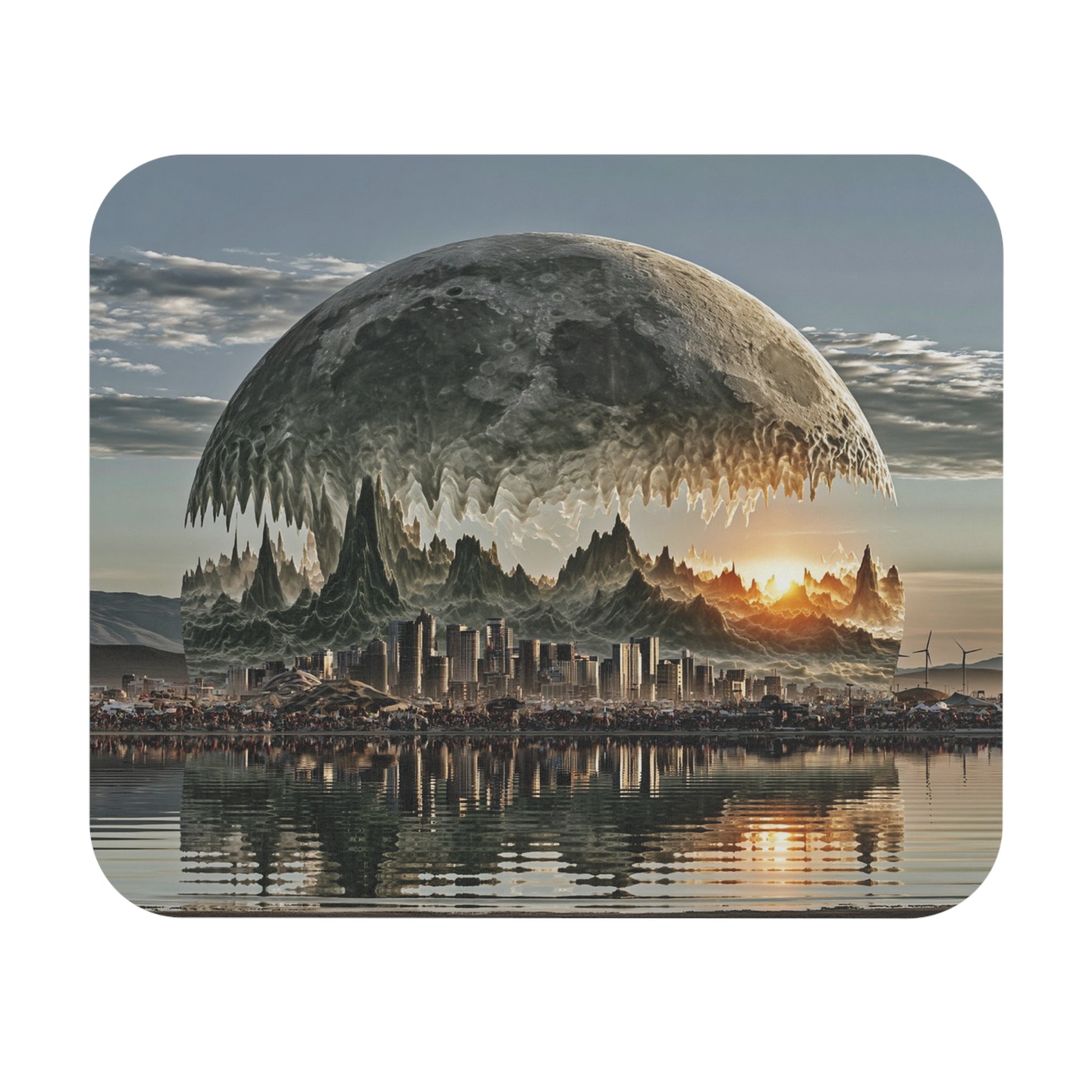 Fantasy Cityscape Mouse Pad — Surreal Dome Moon Reflection