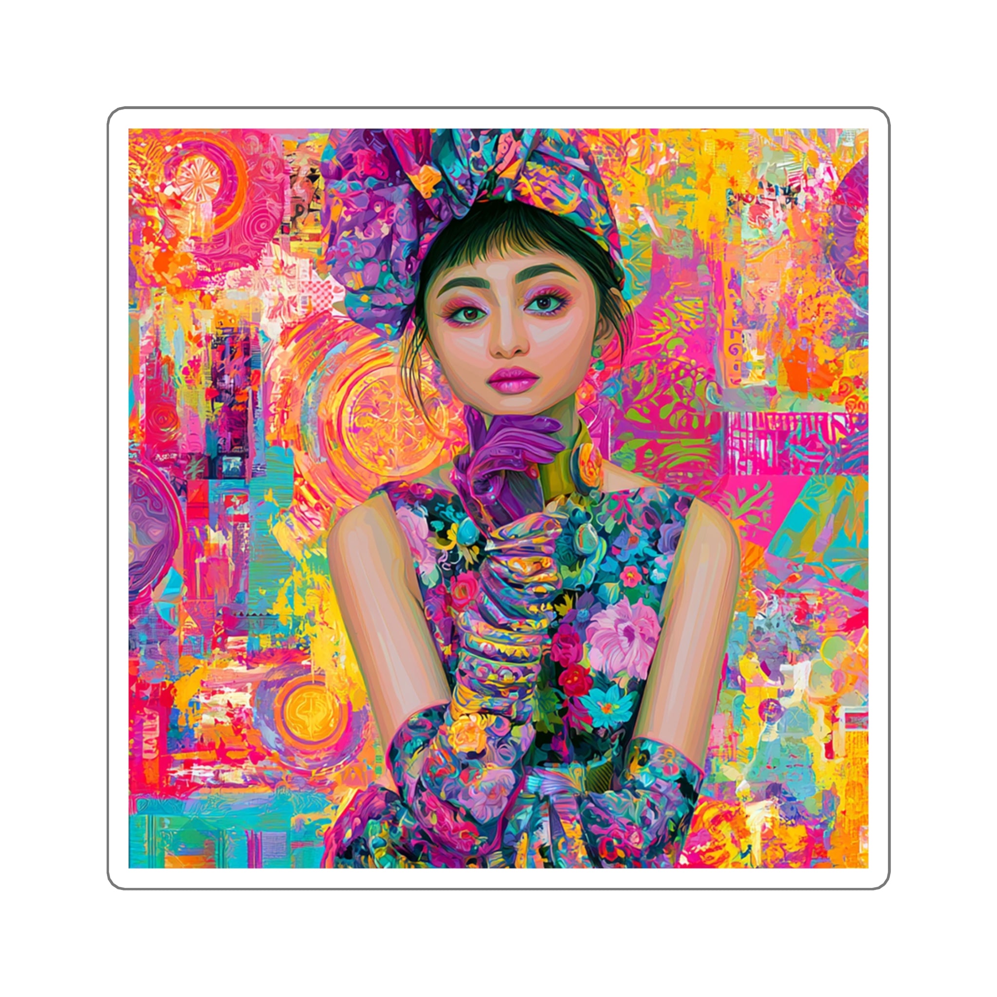 Vibrant Floral Portrait Square Sticker — Colorful Pop-Art Woman