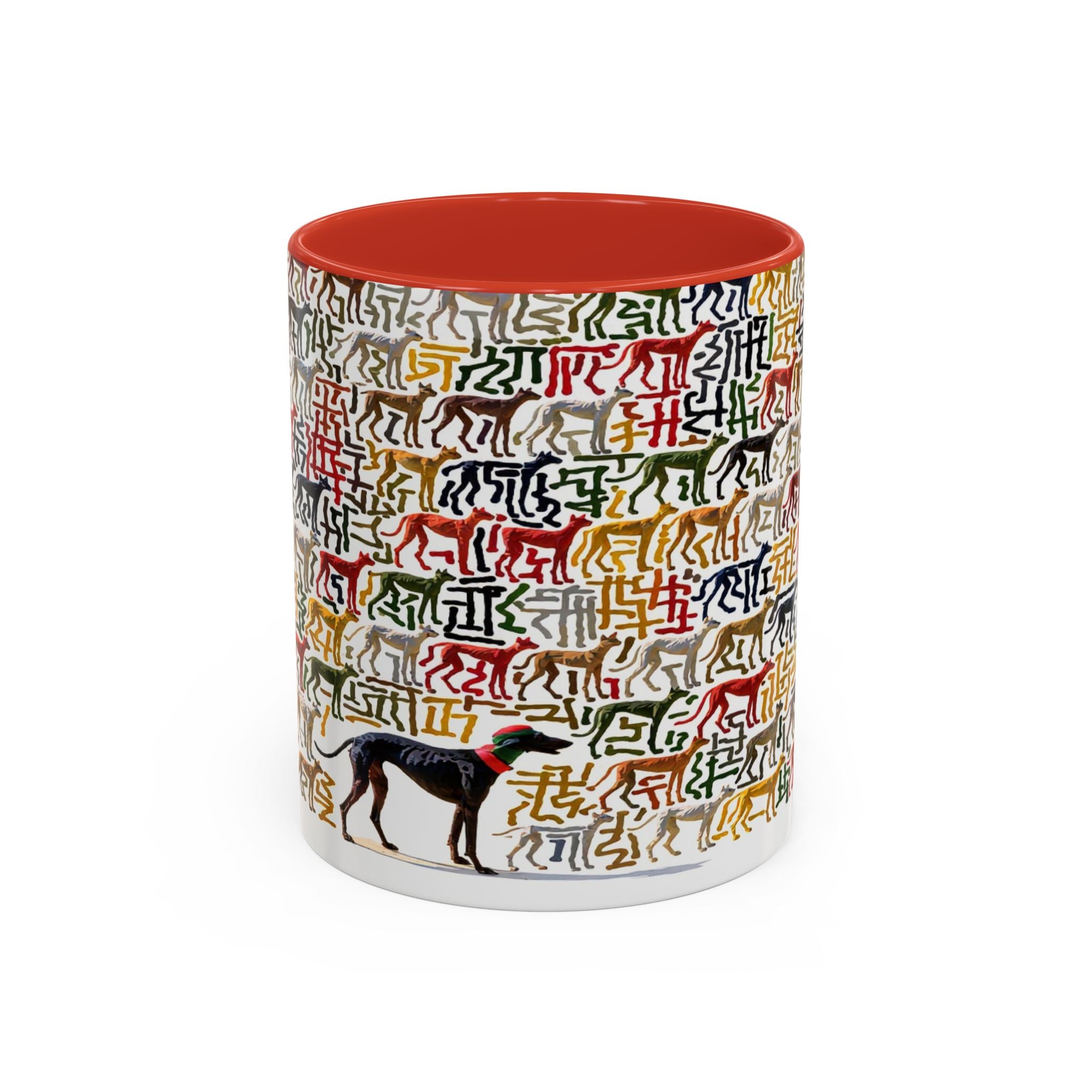 Greyhound Silhouette Accent Coffee Mug — Colorful Script Dog Pattern (11/15oz)