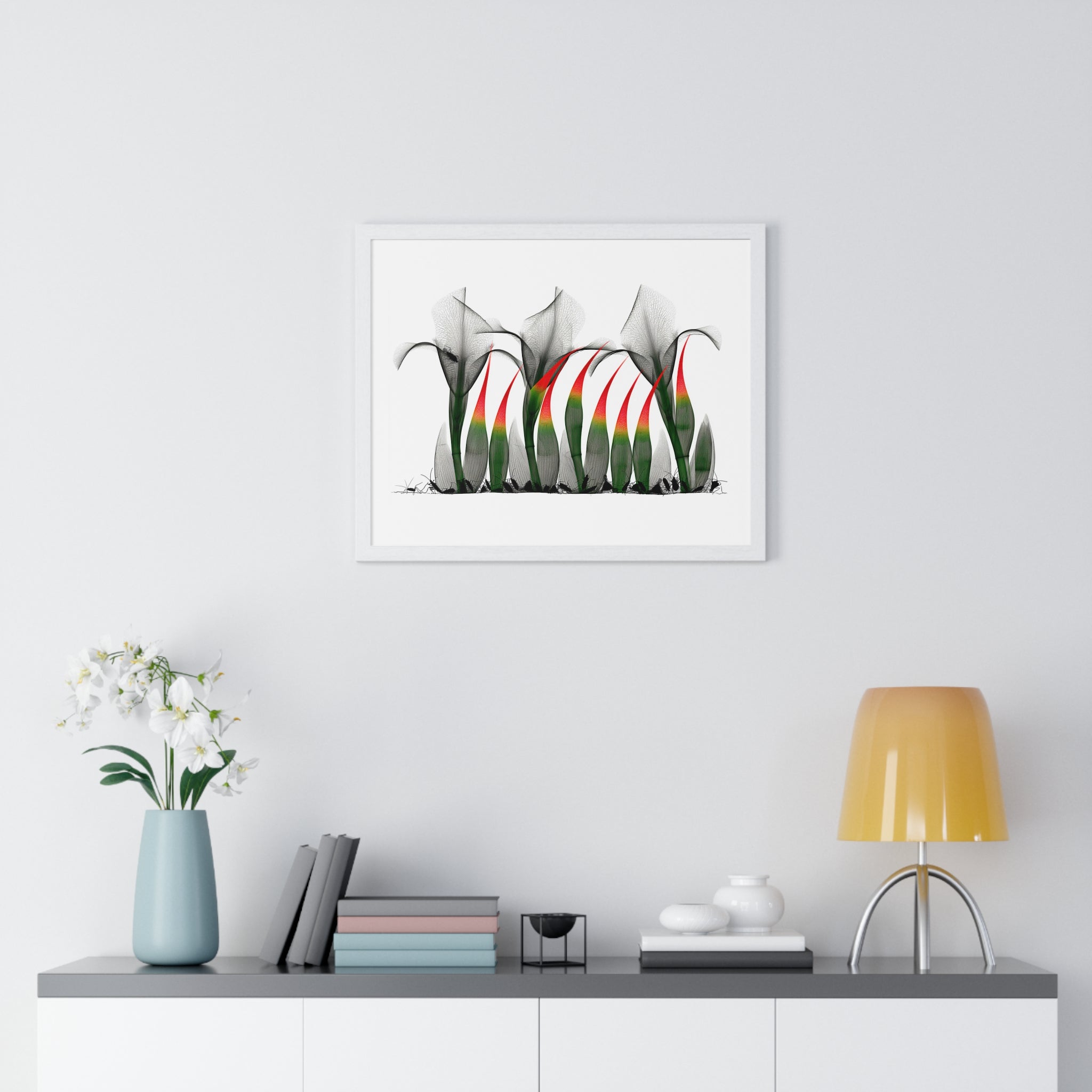 Framed Poster - Abstract Botanical Calla Lily Art with Red & Green Accents